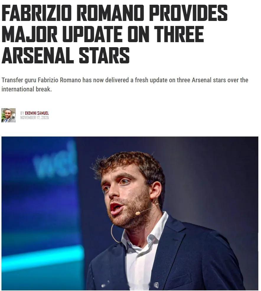 罗马诺在最近的YouTube频道中谈到了萨卡、廷贝尔和赖斯的续约问题。罗马诺说：