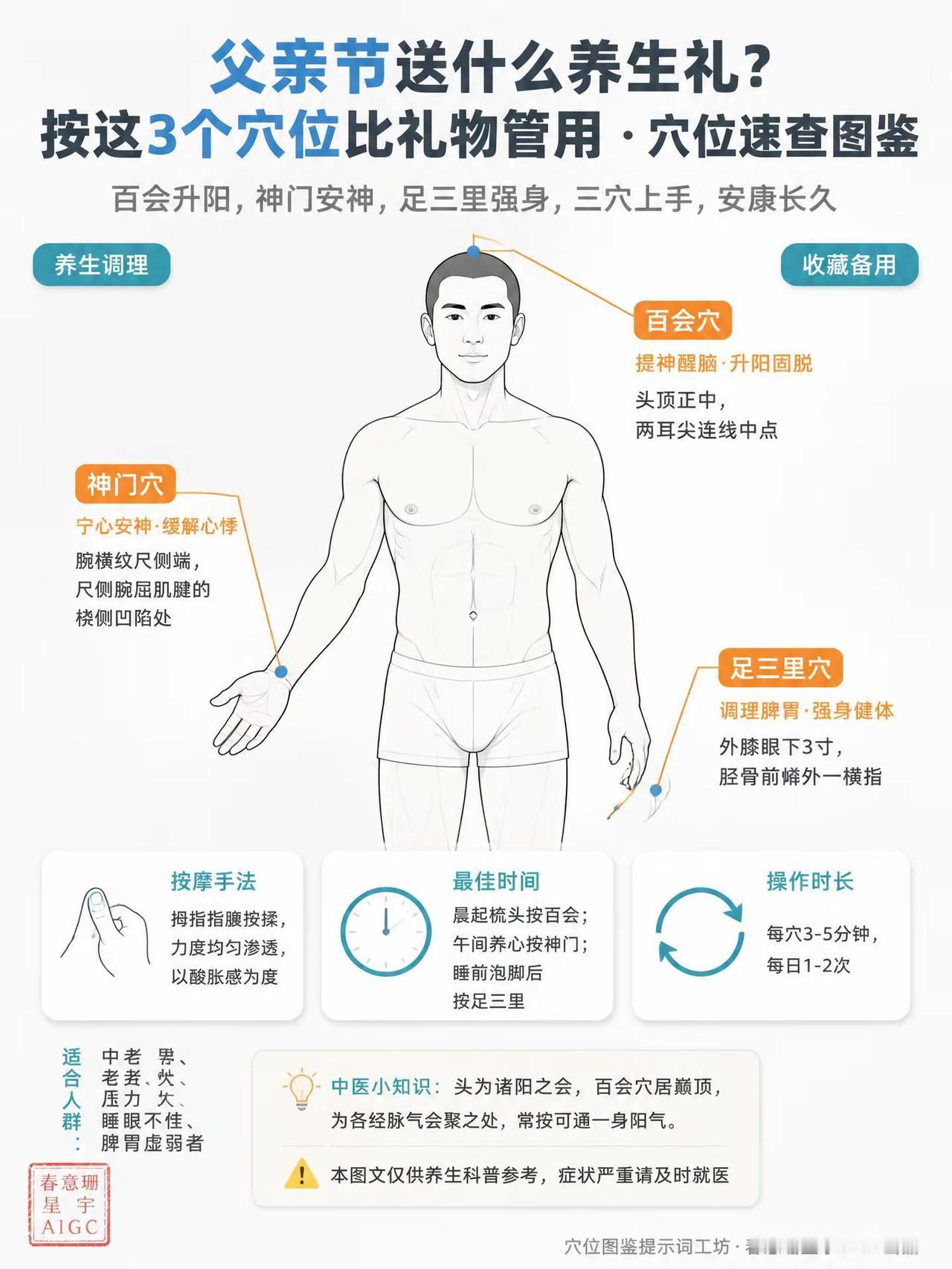 父亲节别只会发红包，教爸爸按这3个长寿穴。📍百会穴：头顶正中，提神醒脑不犯困?