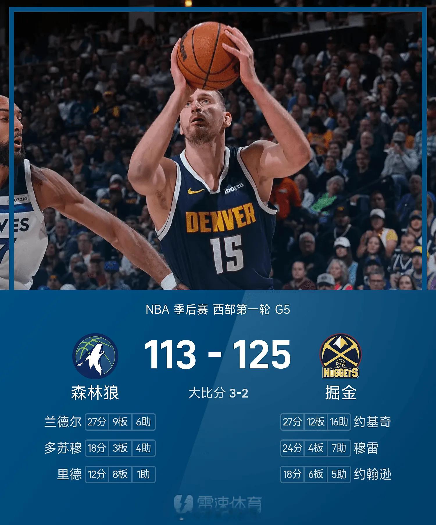 04月28日讯 25/26赛季NBA 季后赛 西部第一轮，掘金对阵森林狼。NBA