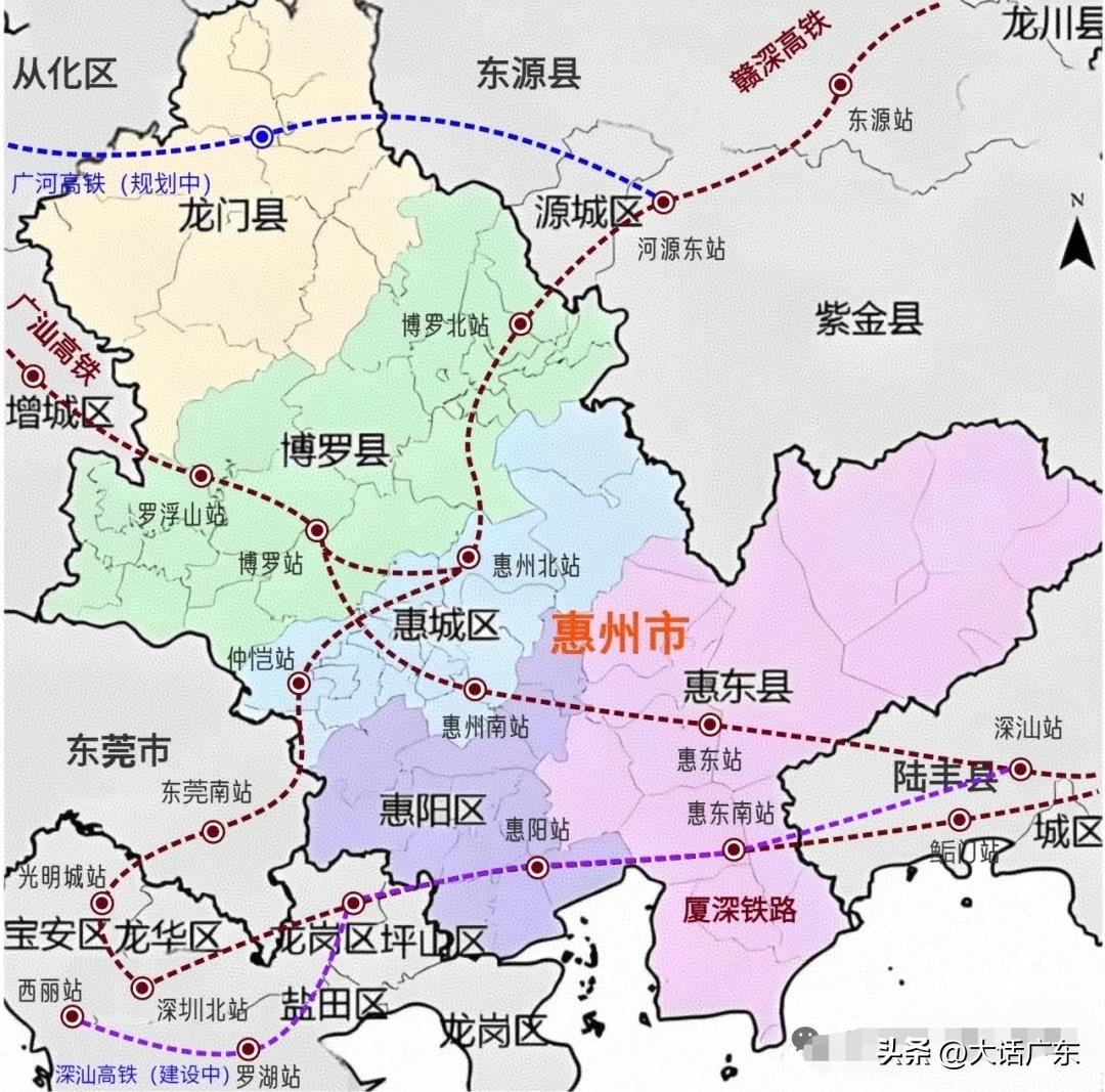 惠州是广东高铁站最多的城市。目前，惠州已开通三条高铁，设有九个高铁站，分别为赣深