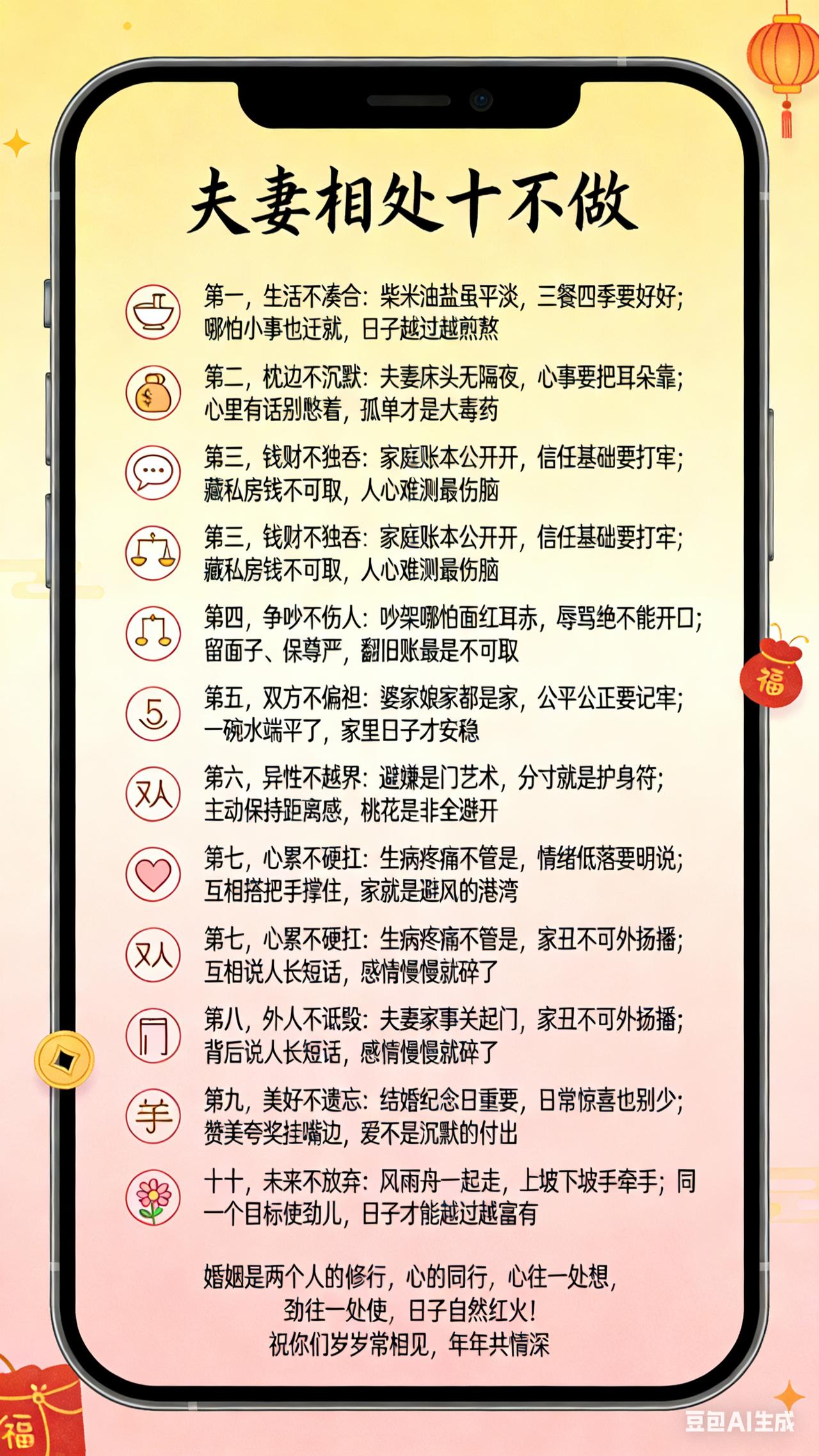 夫妻相处“十不做”
 
第一，生活 不凑合
柴米油盐虽平淡，三餐四季要好好；哪怕