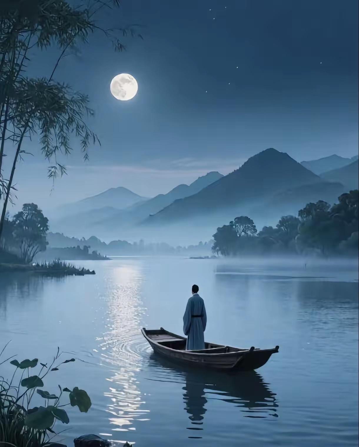 孤舟夜泊，
古木花开。
横批：《夜泊与花开》