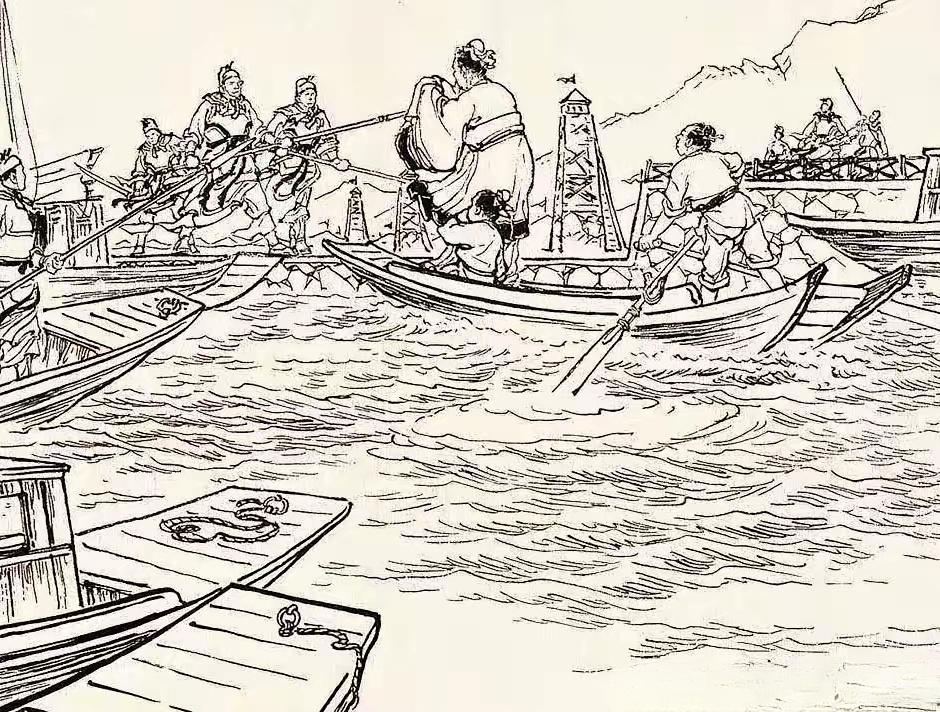 “来者何人！”此图描述的是在一处水面上，一艘小船划向岸边，船上站着一位...