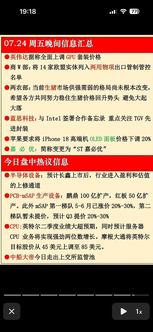 7月24日周五晚间消息汇总，英伟达涨价、英特尔起飞，这波行情谁还没看懂？7月24