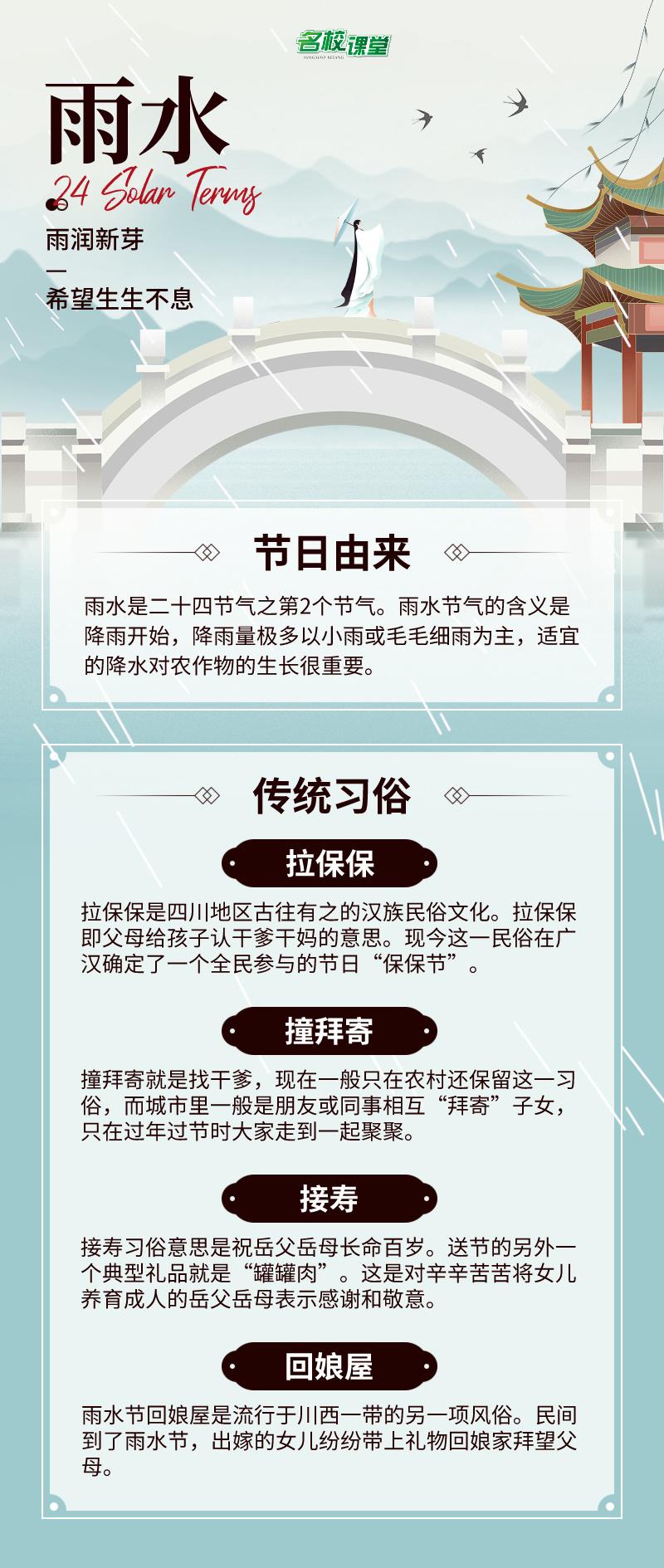 #今日雨水#
雨水，二十四节气中的第二个节气。斗指王;太阳到达黄经330°;每年