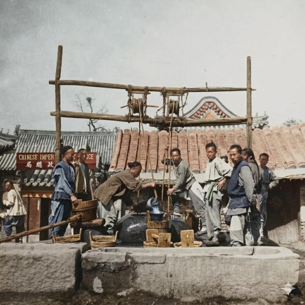 1901年，北京街巷公用千年官井，巨石井台，木架辘轳架起岁月长河，长辫布衣的市井