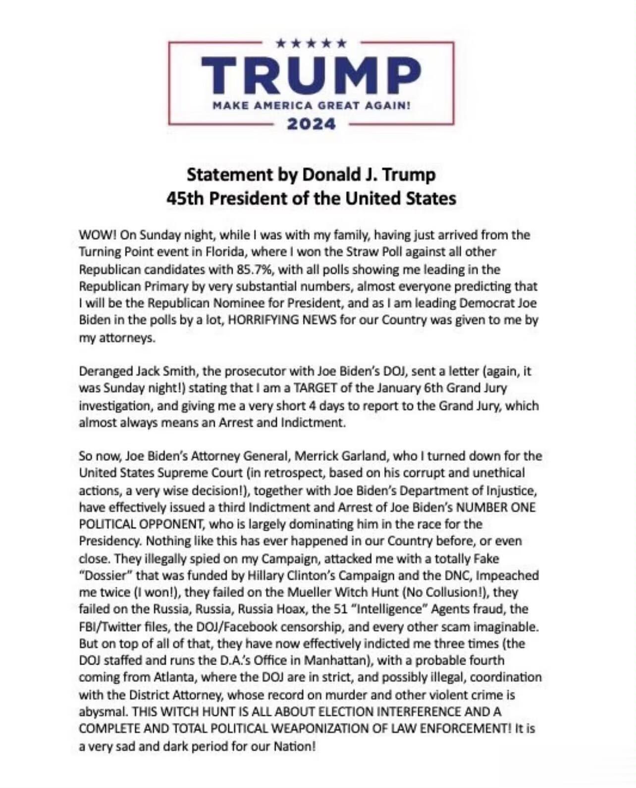美国前总统特朗普宣布他收到了一封来自司法部的信，信中表示他将于1月6日被捕并被起