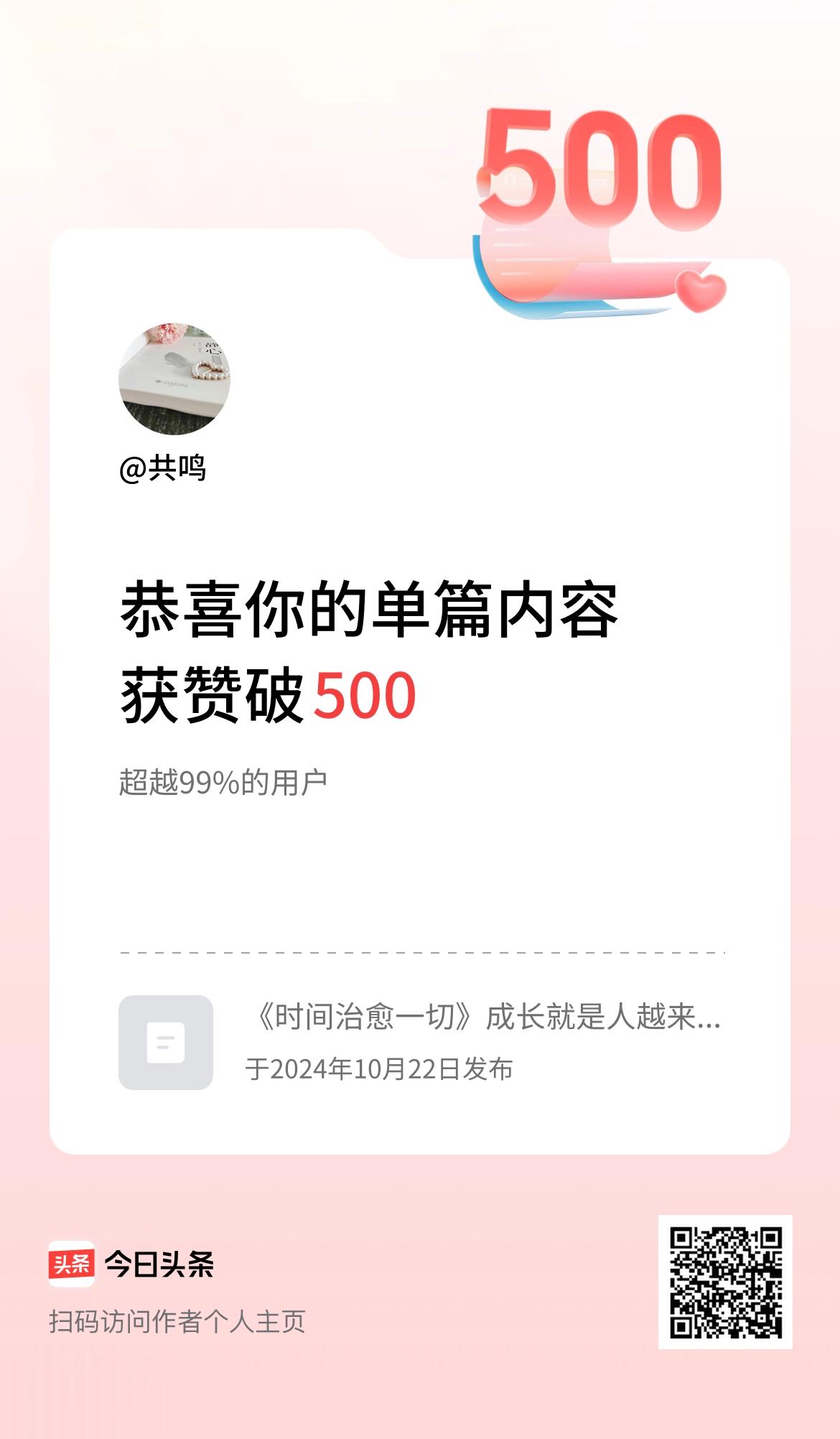 单篇内容获赞量破500啦！继续努力加油！[点亮平安灯][点亮平安灯][点亮平安灯