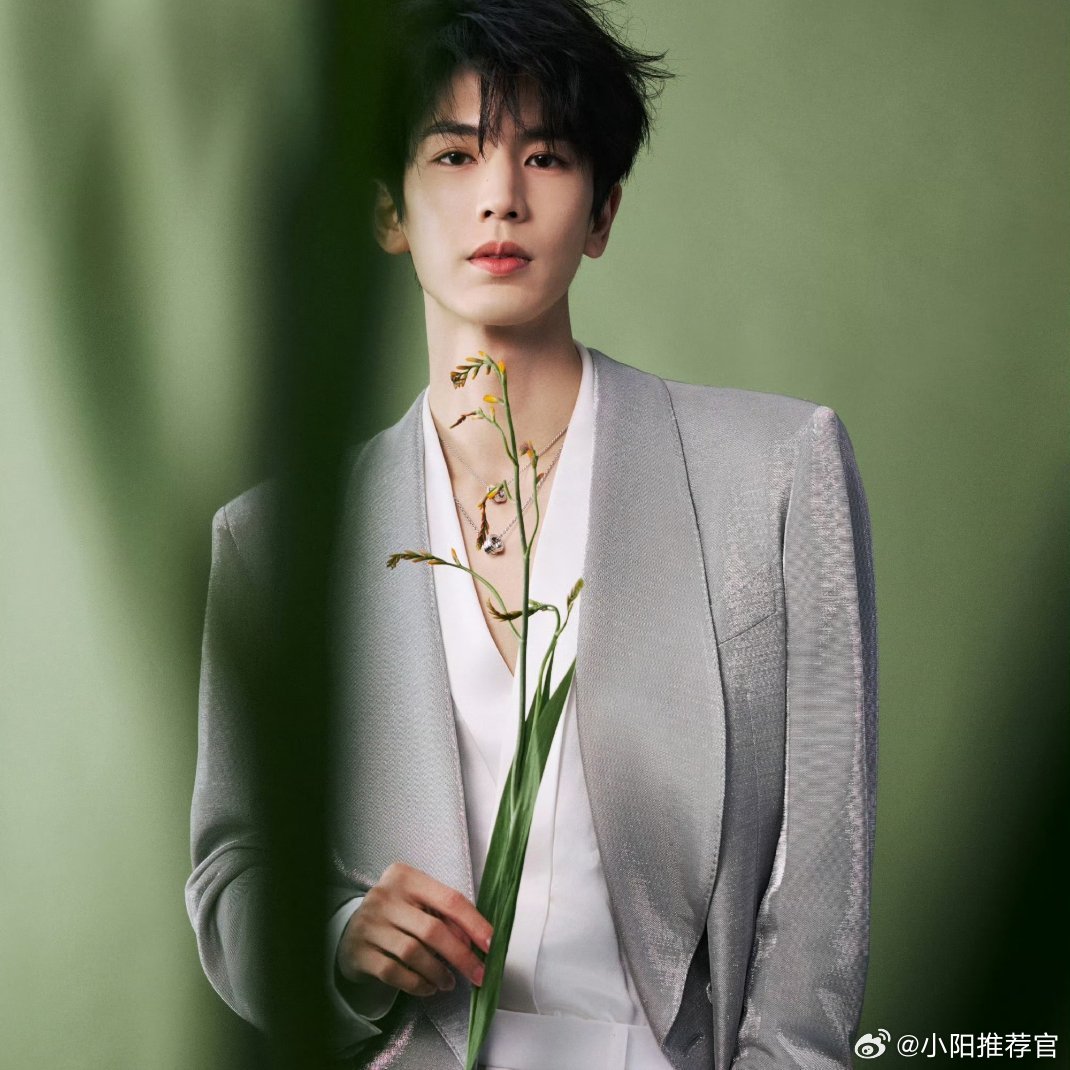 张凌赫手捧红玫瑰花以一身银闪西装手捧红玫瑰花束亮相品牌直播活动，贵气少年感被网友