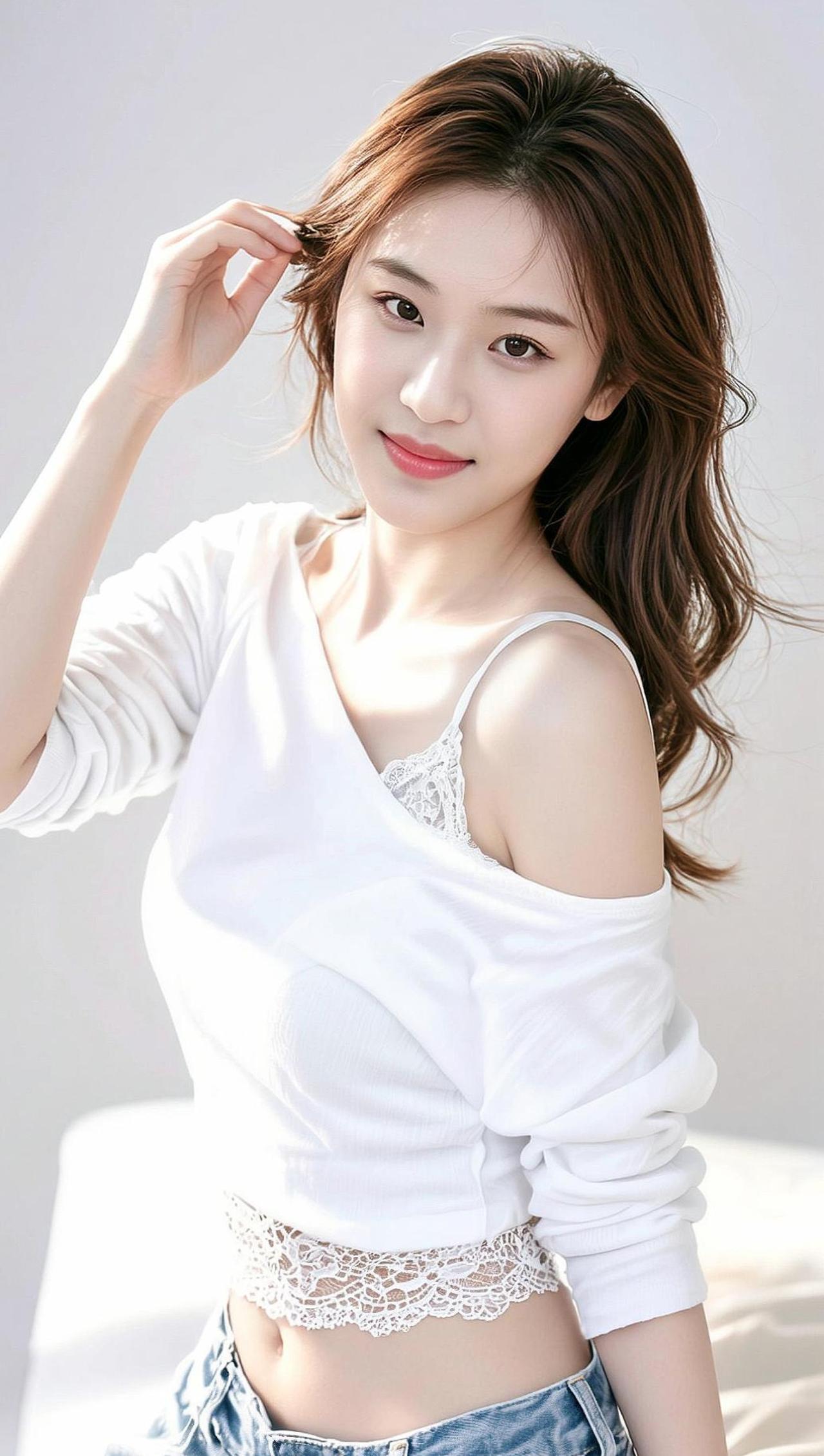 白色上衣的随意滑落，牛仔裤的随性搭配，仿佛是生活中最不经意的瞬间，却藏着满满的青