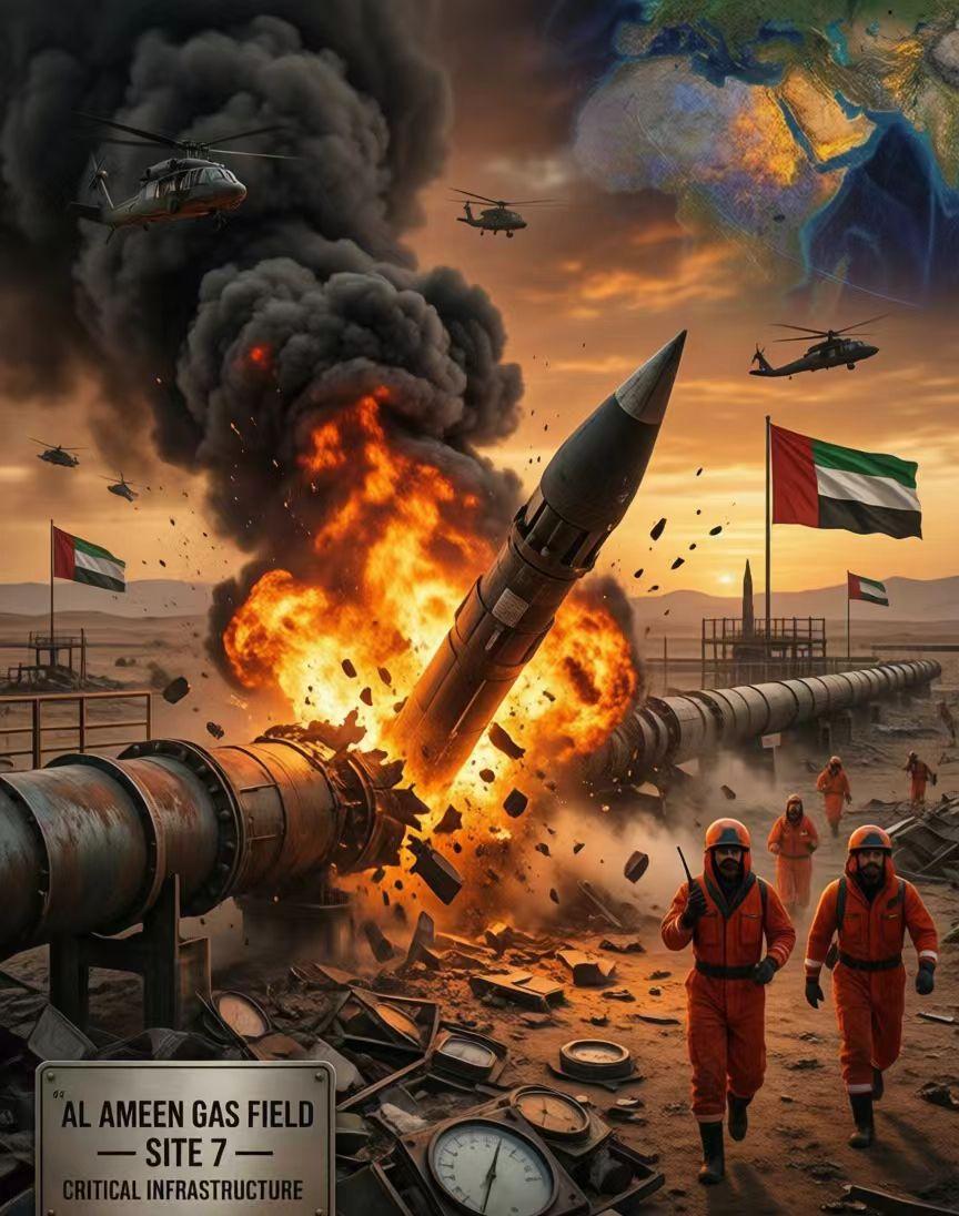 导弹没砸中，但碎片把气田砸停了

阿联酋，3月19日——不是导弹直接命中，但后果