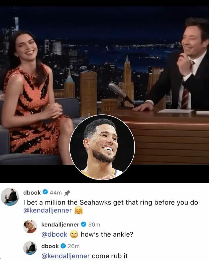 德文-布克：“我赌一百万，海鹰会比你先拿到戒指。”肯达尔-詹娜：“你的脚踝怎么样