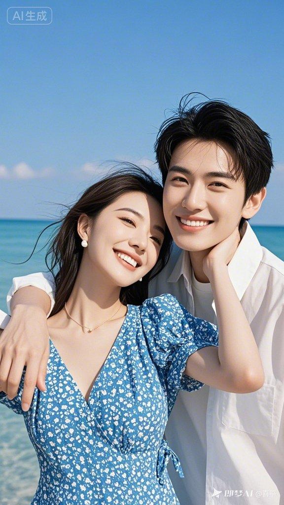 海边情侣甜蜜自拍，笑容灿烂，爱意满满！🌊💕