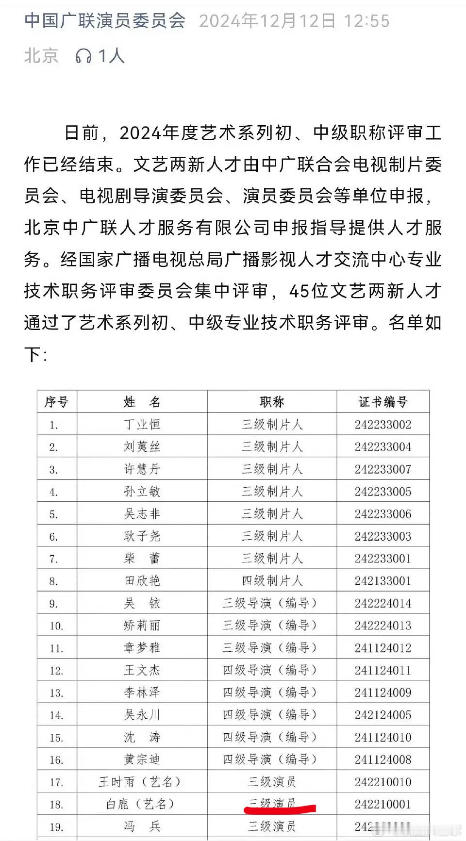 白鹿优秀啊，被评为三级演员！她一直在努力让自己变得更加优秀。粉她简直就是事业粉的