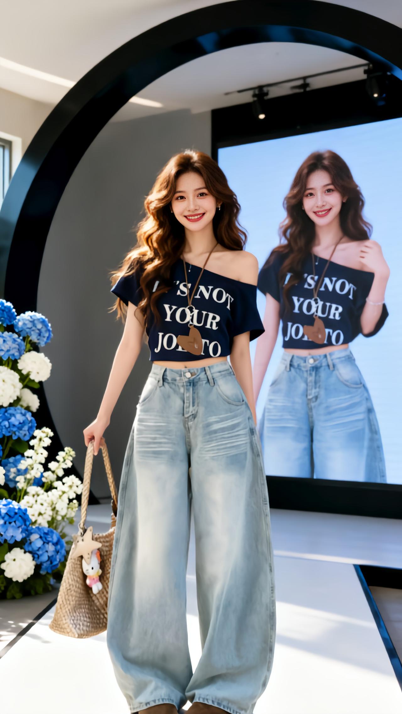 牛仔阔腿裤的百变魅力 一字肩t恤穿搭 阔腿牛仔裤辣妹穿搭 炸裂阔腿牛仔裤 美式小