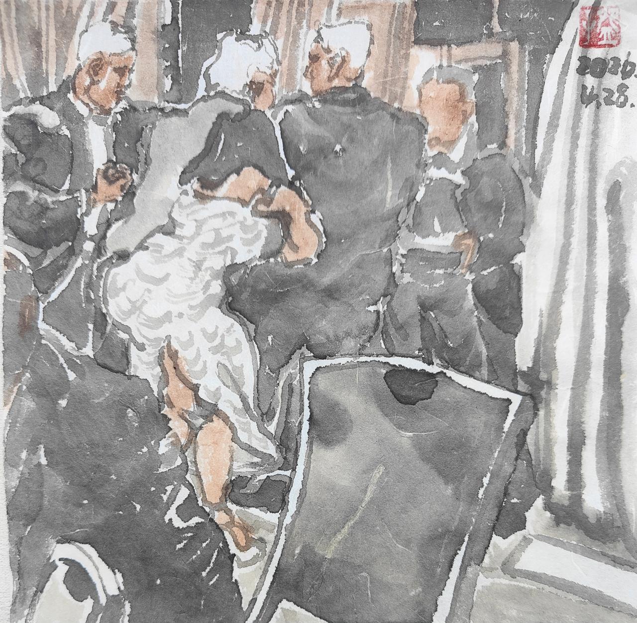 碗子的纸片水墨《白宫记者协会晚宴枪声系列之保標簇拥特朗普撤离》