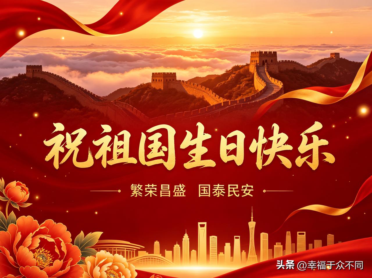 国庆节送上对祖国的祝福盛世中华，山河锦绣，祝祖国生日快乐，国运绵长！