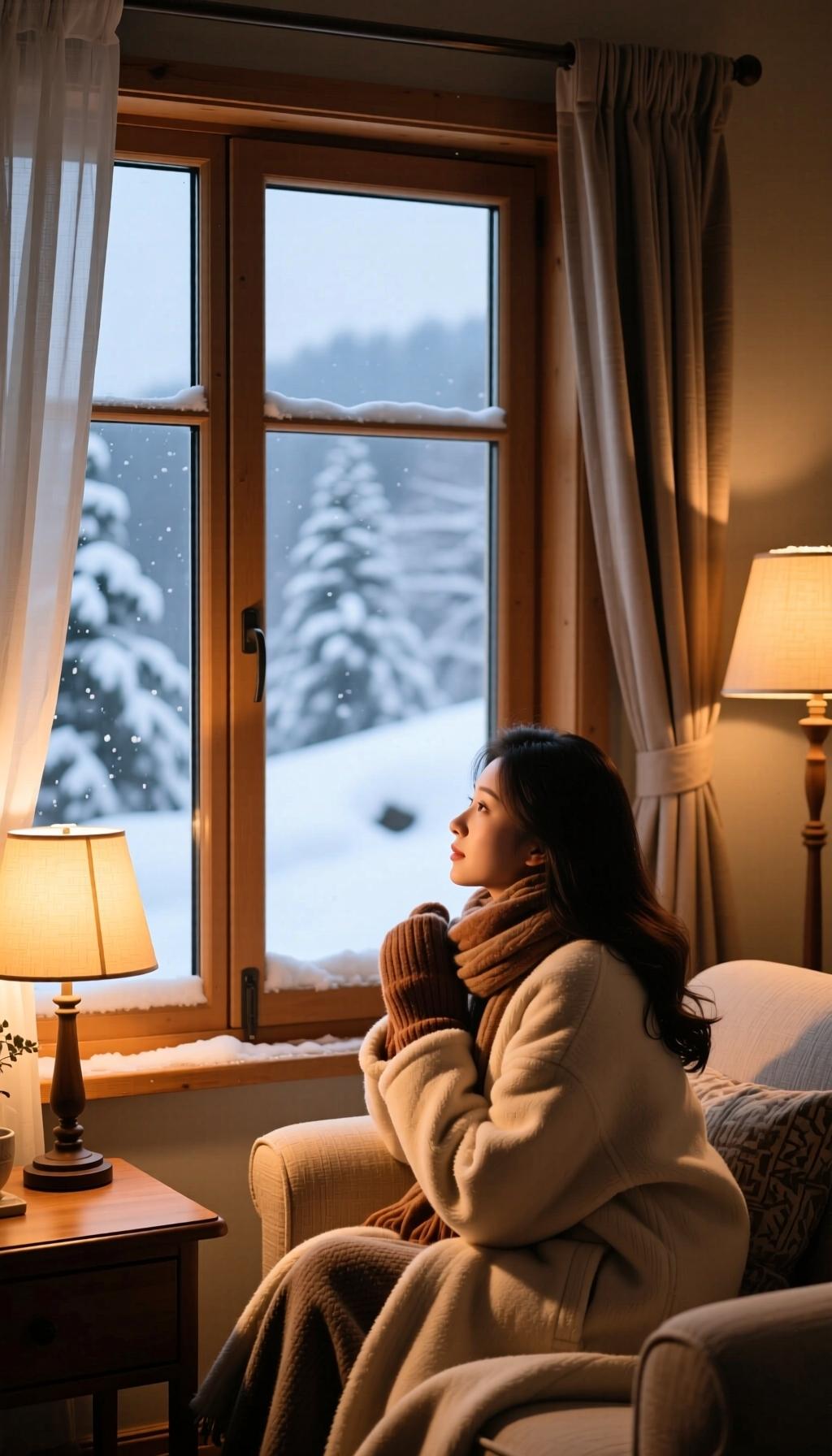 冬日的天光漫过温室的玻璃，筛下一层薄薄的暖金。伊人裹着羊绒披肩倚在藤椅上，目光落