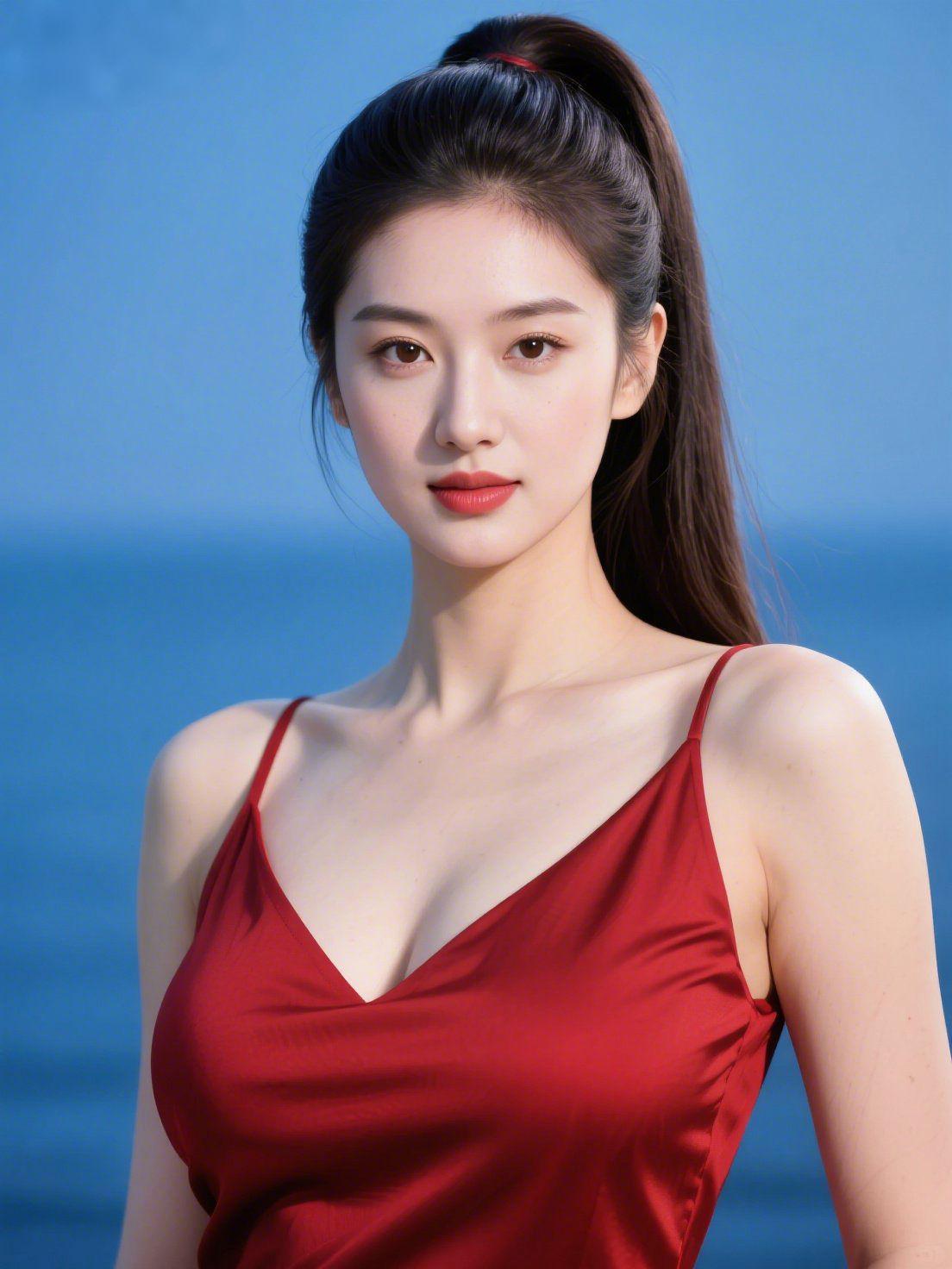 《红裙栖满碧海风》
 
澄澈海天铺成一片软蓝，海风裹着咸湿暖意掠过，将高扎的马尾