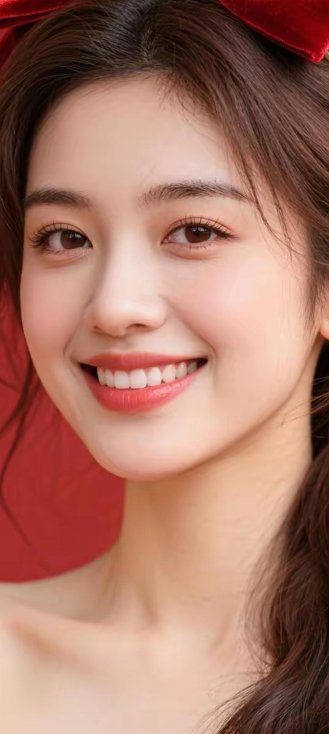 甜美笑容，红发蝴蝶结，元气满满的一天！🌸😊