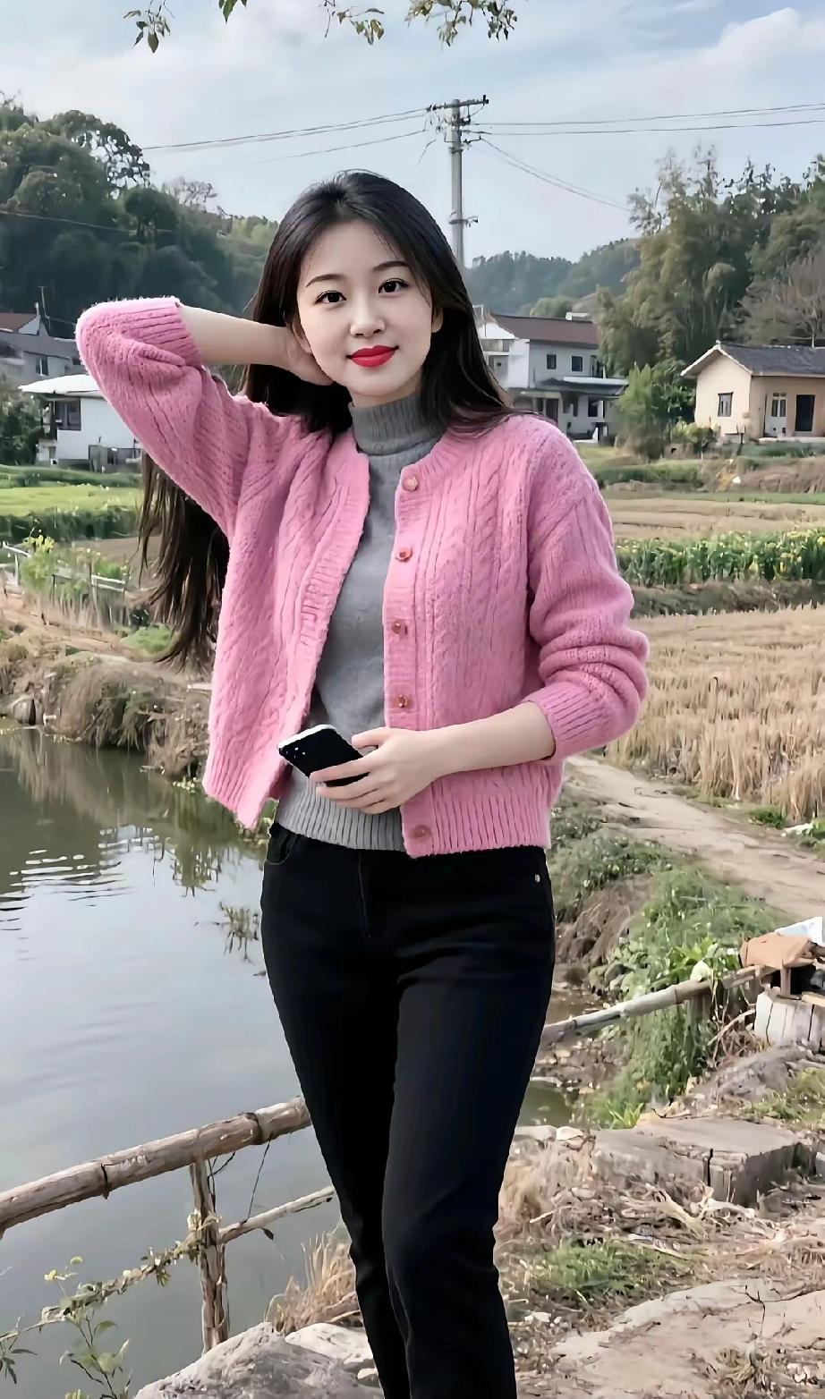 粉色毛衣搭配黑色牛仔裤，乡村田野的清新穿搭
