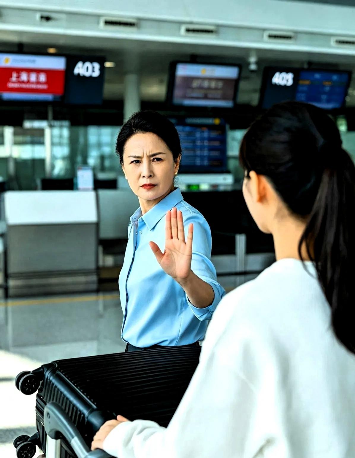 上海浦东机场，一个女孩拖着个半人高的行李箱，径直走向吴女士。

对方拖着很大的行