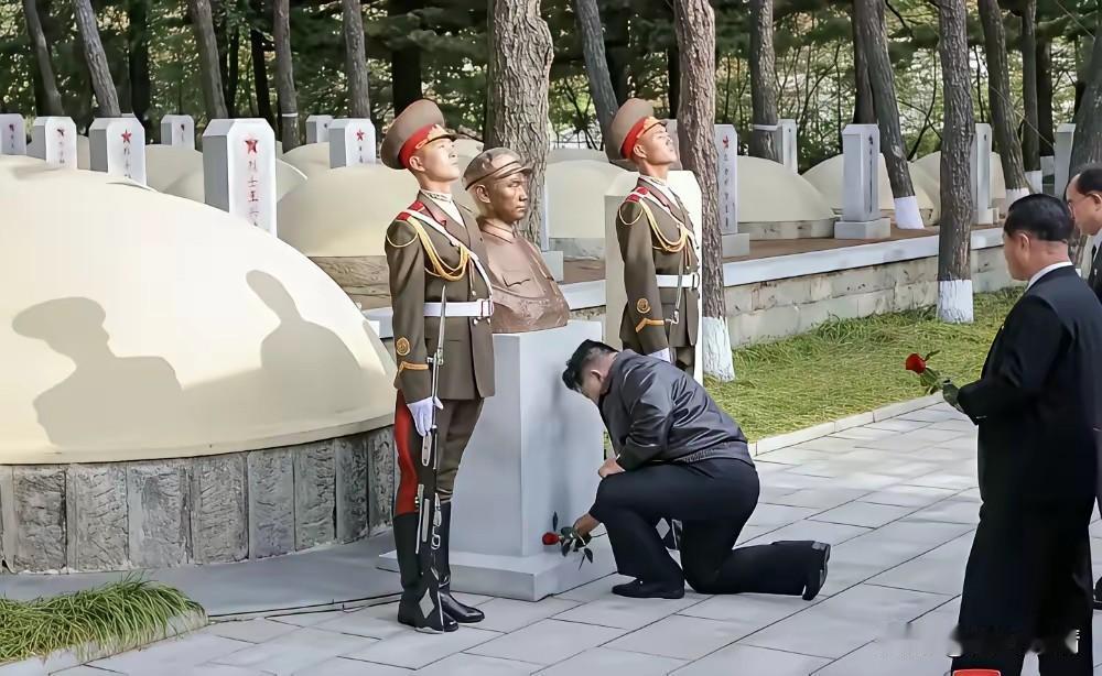朝鲜的金正恩单膝下跪，
给毛岸英献花的那一刻，
不仅感动了朝鲜民众，
也感动了无