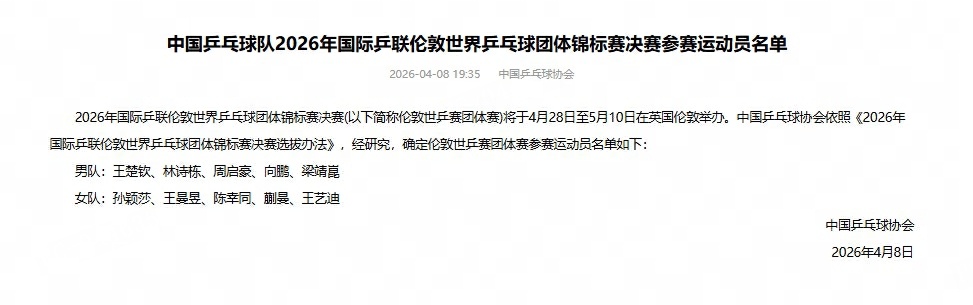 国乒伦敦世乒赛名单樊振东自愿放弃世乒赛参赛资格乒乓球 官宣！4月8日，国乒正式公