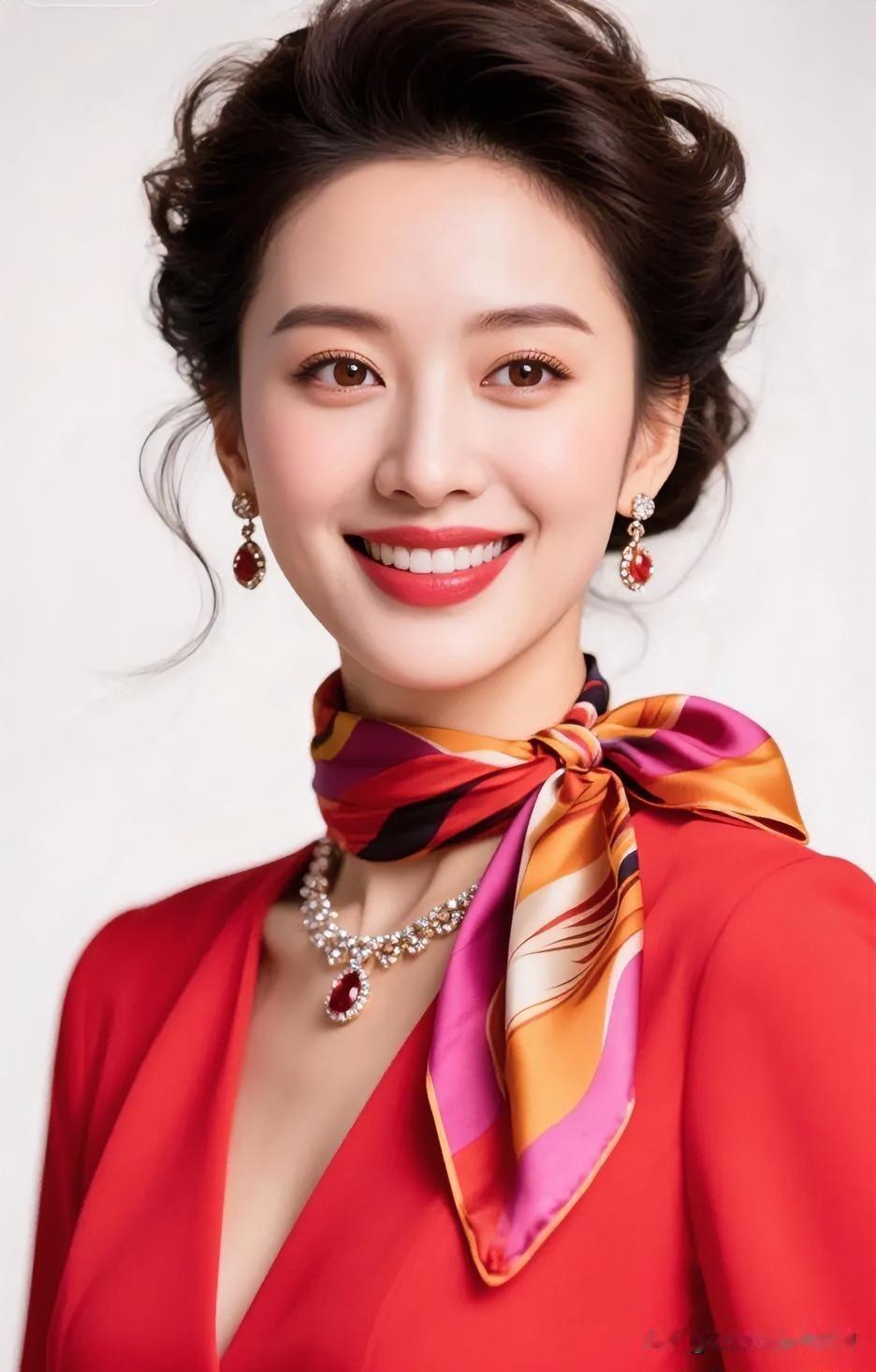 绯红衣袂绽芳华，彩巾翩跹系朝霞。宝石耳坠摇星韵，笑靥如花映锦裳。优雅天成，明艳动
