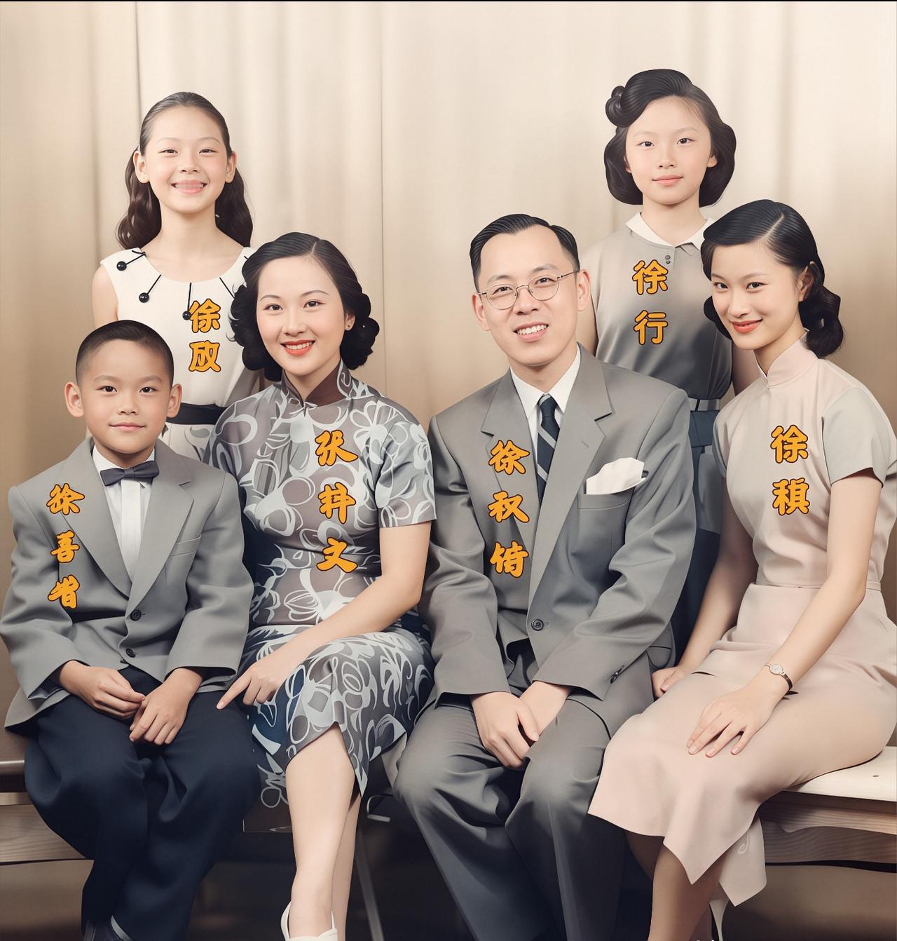 50年代，徐志摩长子徐积锴与妻子留下这张全家福，全家人定居海外