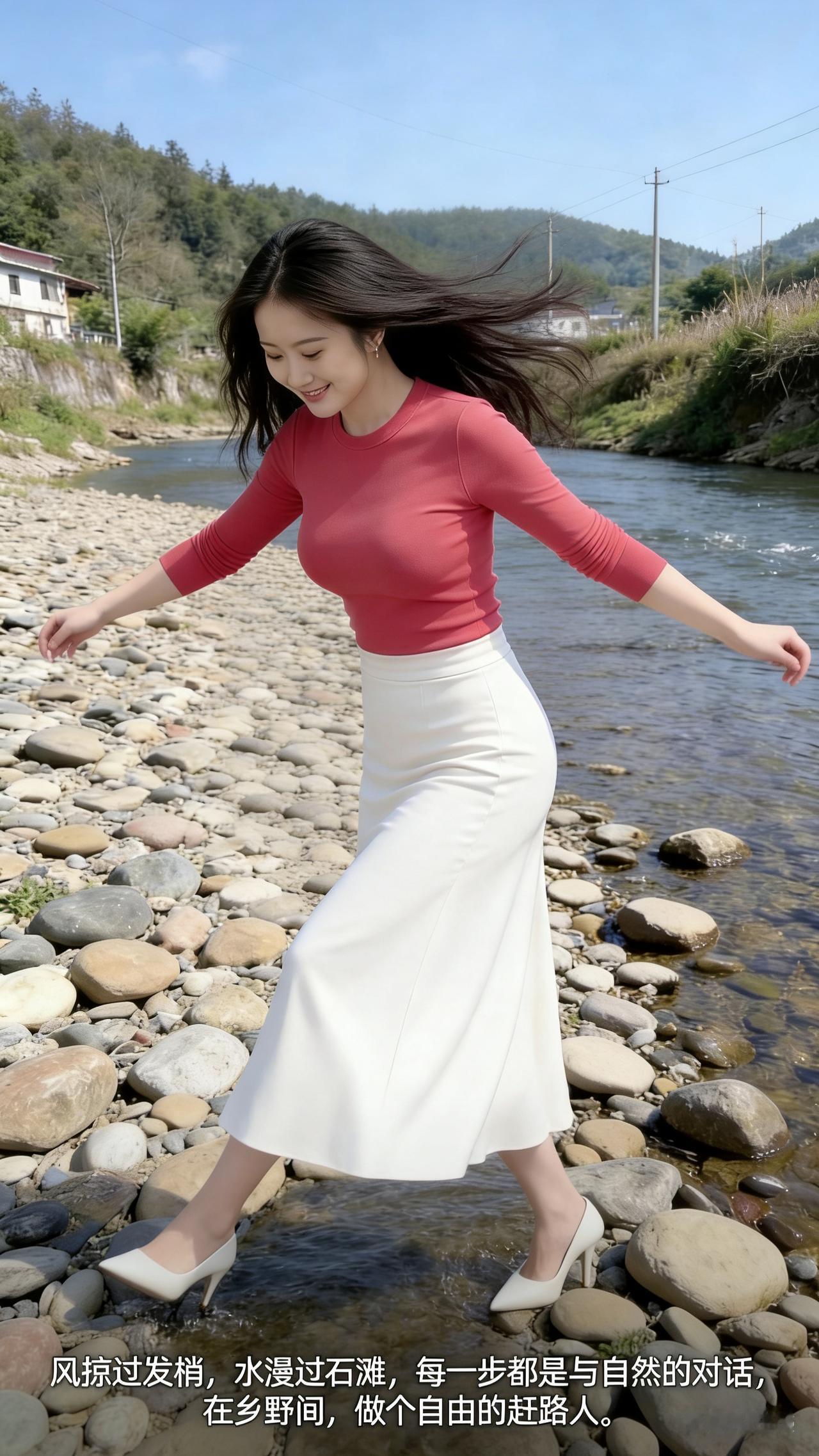 溪畔行
 
风拂发梢，
溪水漫过石滩，
脚踩鹅卵石的触感，
是自然递来的温柔。