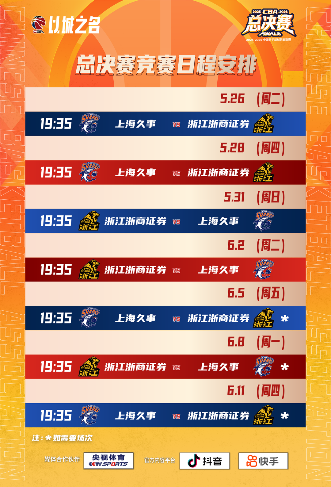 2025-2026赛季CBA联赛总决赛对阵及日程安排确定