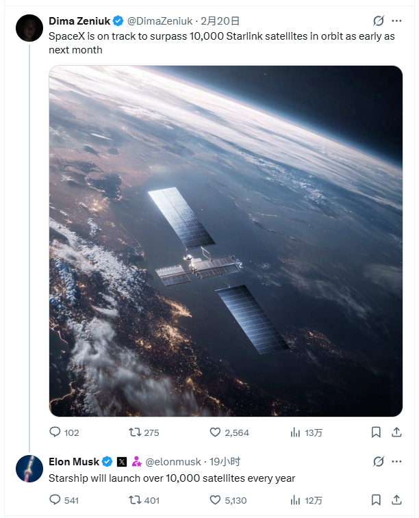 #马斯克称星舰每年将发射超10000颗卫星#【马斯克“放卫星”：星舰每年将发射超