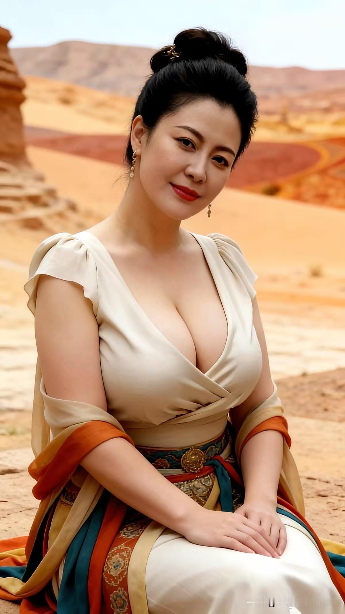 《沙间佳人》
此妇娇容实在美，
乌丝盘就落云垂。
黄沙漠里闲闲坐，
佳景当前恰恰