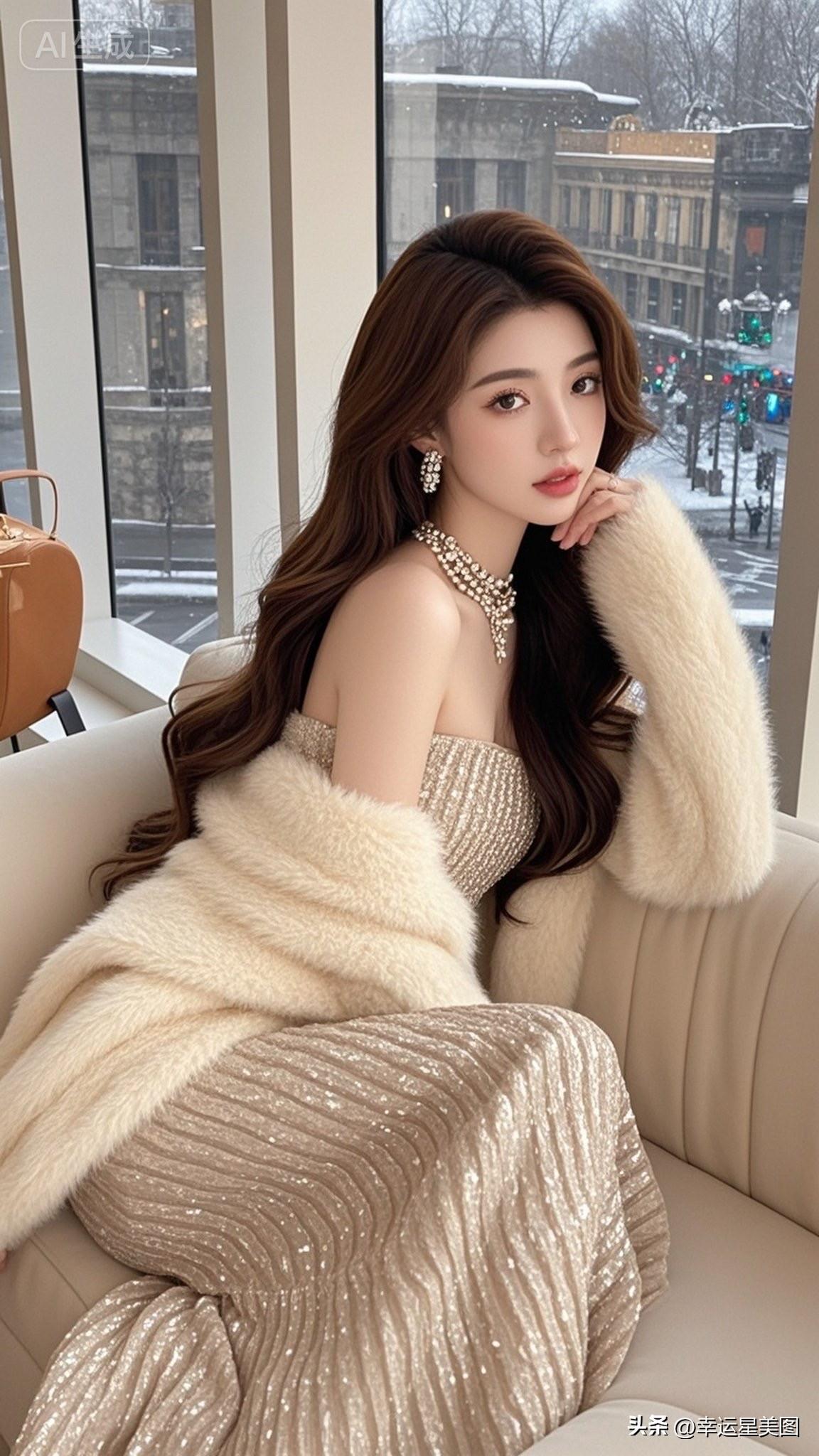 窗边沉思的优雅女子，城市喧嚣中的宁静时刻。