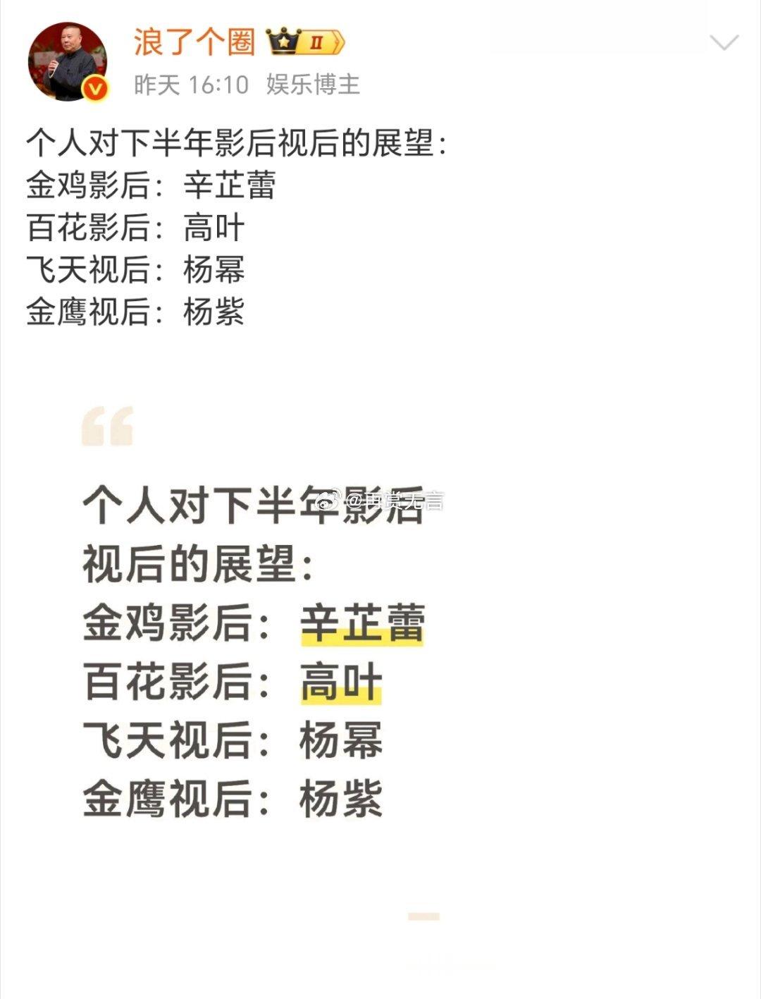 我感觉杨幂二封金鹰视后概率更大，飞天预测更偏向杨紫。 
