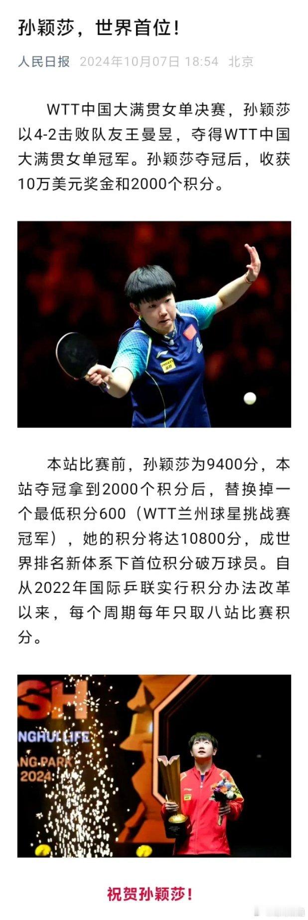 孙颖莎世界排名积分破万领跑 2024年孙颖莎共收获六座国际赛事女单冠军。🏆🏆