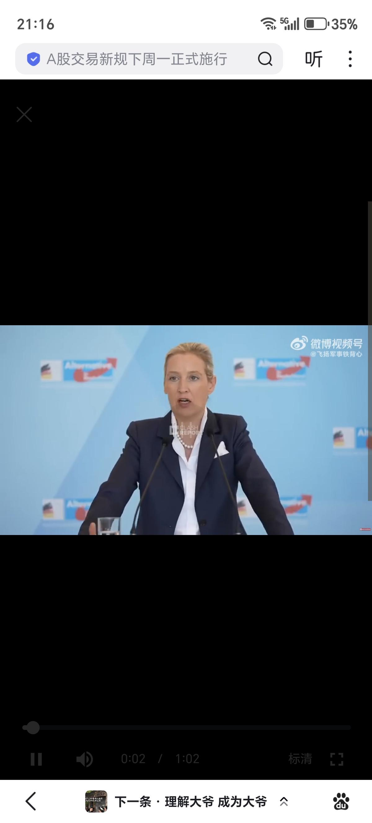 德国联邦议院选择党党团主席，德国选择党联合主席爱丽丝·魏德尔：

“关于对外发展
