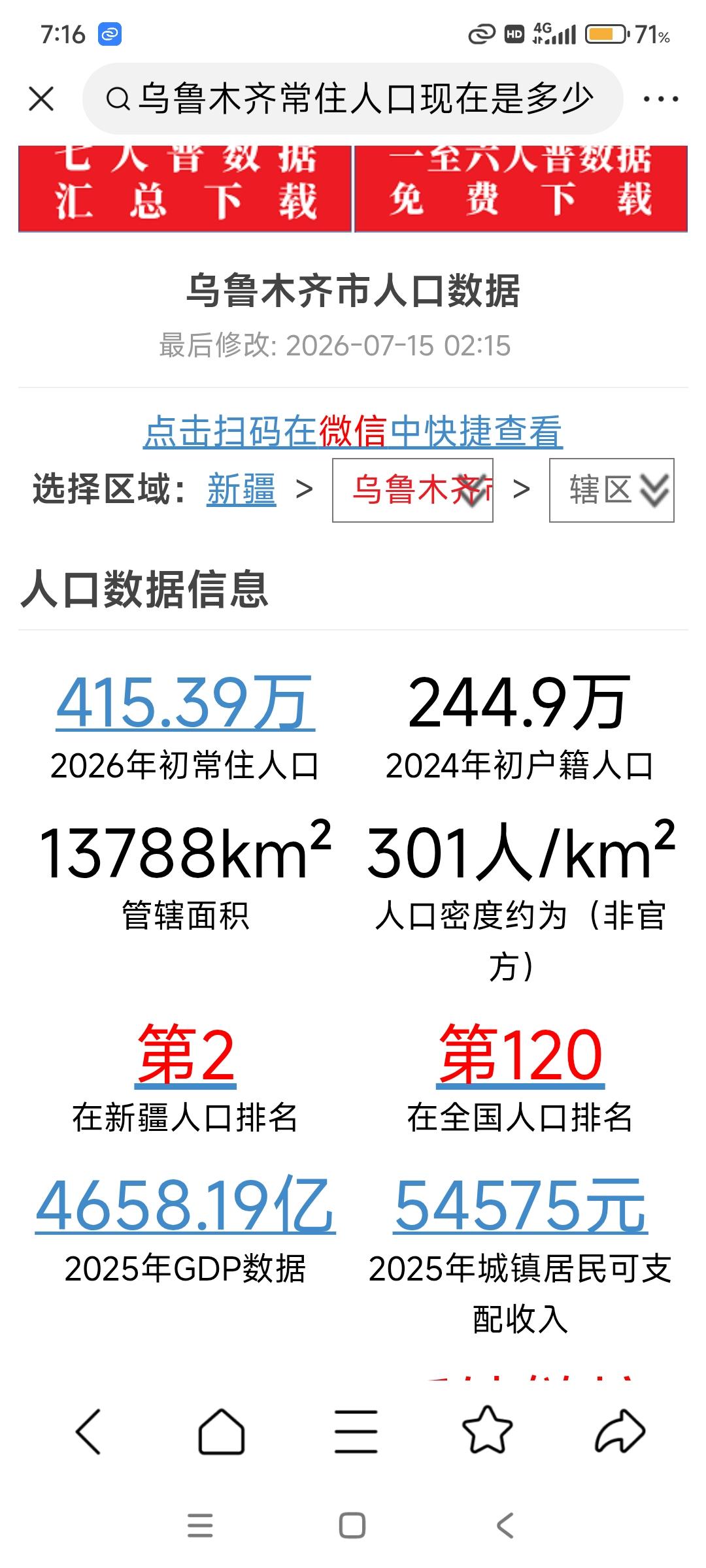乌鲁木齐常住人口，目前统计是415.39万，我查了一下相关的资料，这里面不包含兵