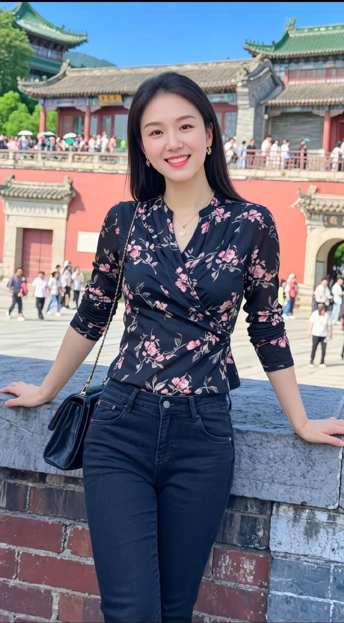 古城墙下的花影诗行
她靠在那斑驳古城墙上，黑底碎花上衣就像墨色中晕开的春桃，交叉