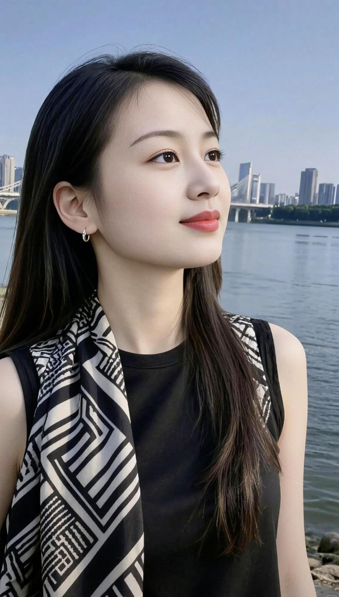 AI江景氛围感写真照 抖音ai创作 时尚丝巾搭配 ootd穿搭高智感穿搭 知性女