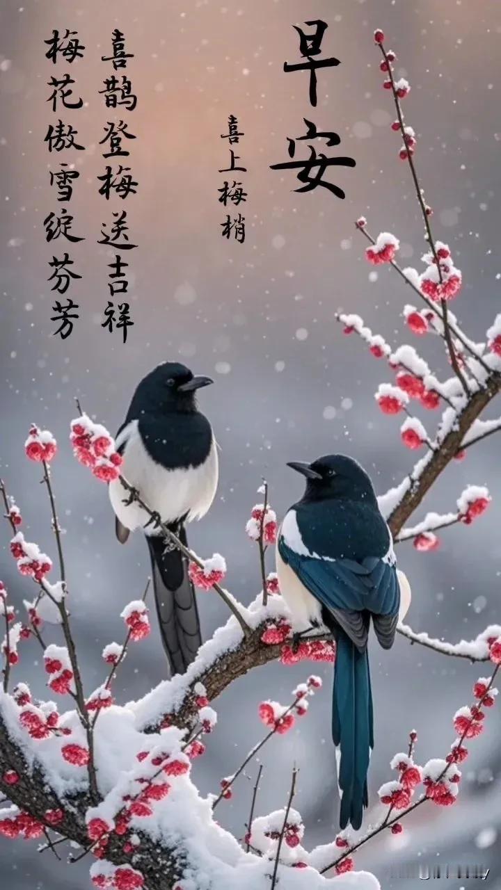 愿岁月静好，一切美好环环相扣！

梅枝雪映晓光微，
喜鹊登梢唤日辉。
风递清香环