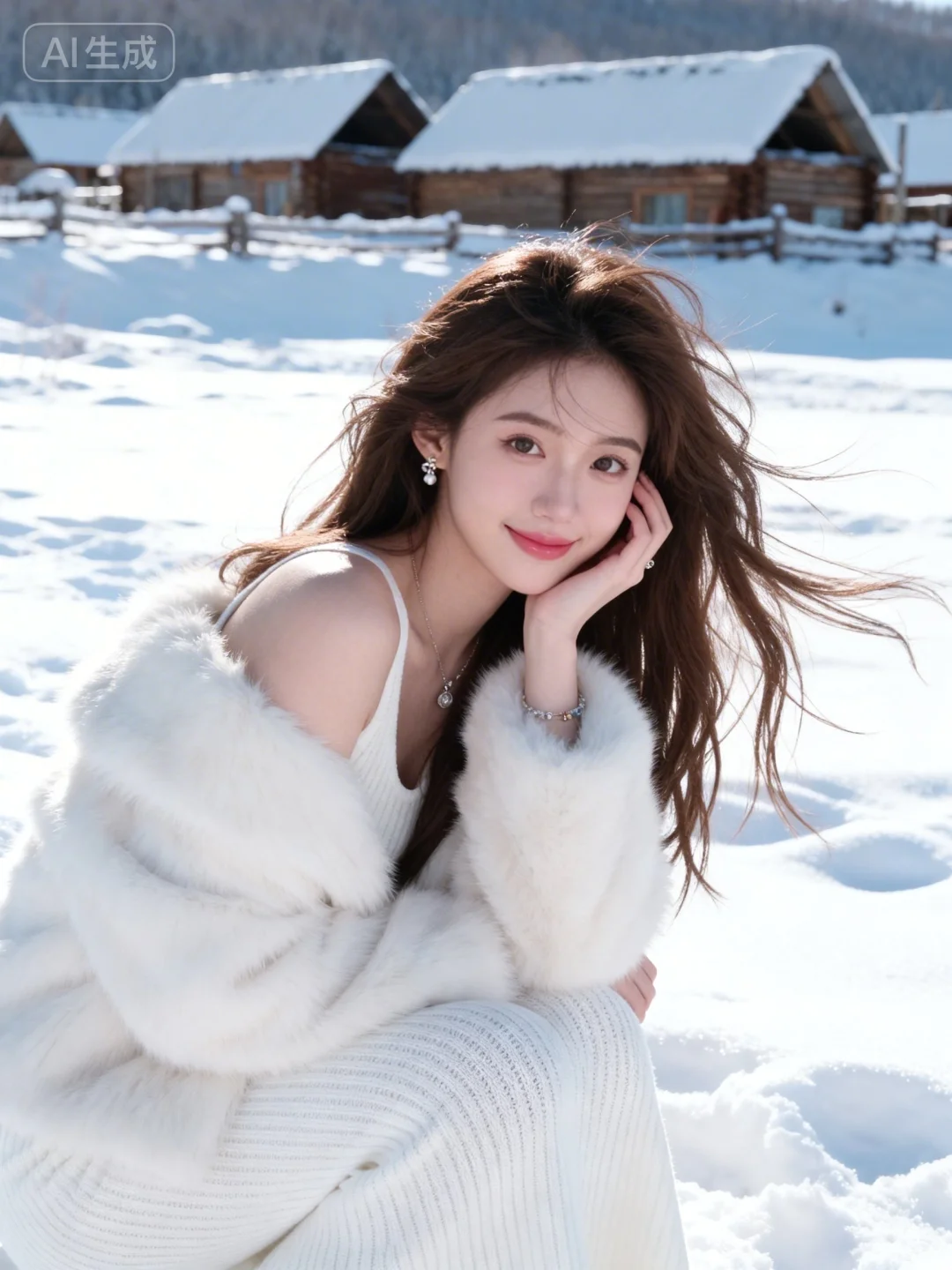 在禾木村，背景厚厚雪地，超清晰画质，妆造精致，饰品精巧，棕色长发，身着白色毛茸茸