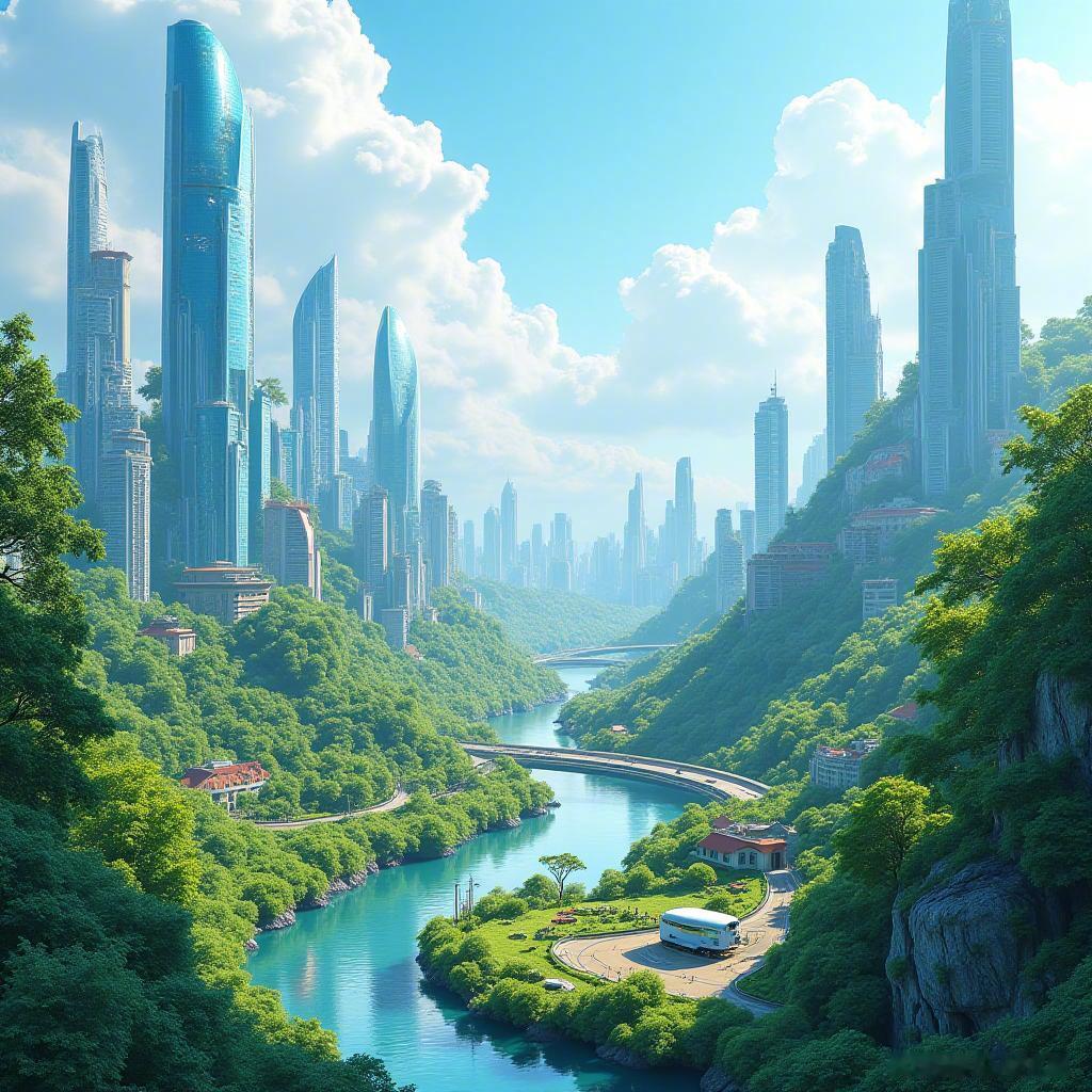 未来的家乡像一幅梦幻画卷，科技与自然完美融合🌈🏙️，生活在这里真的太幸福了！