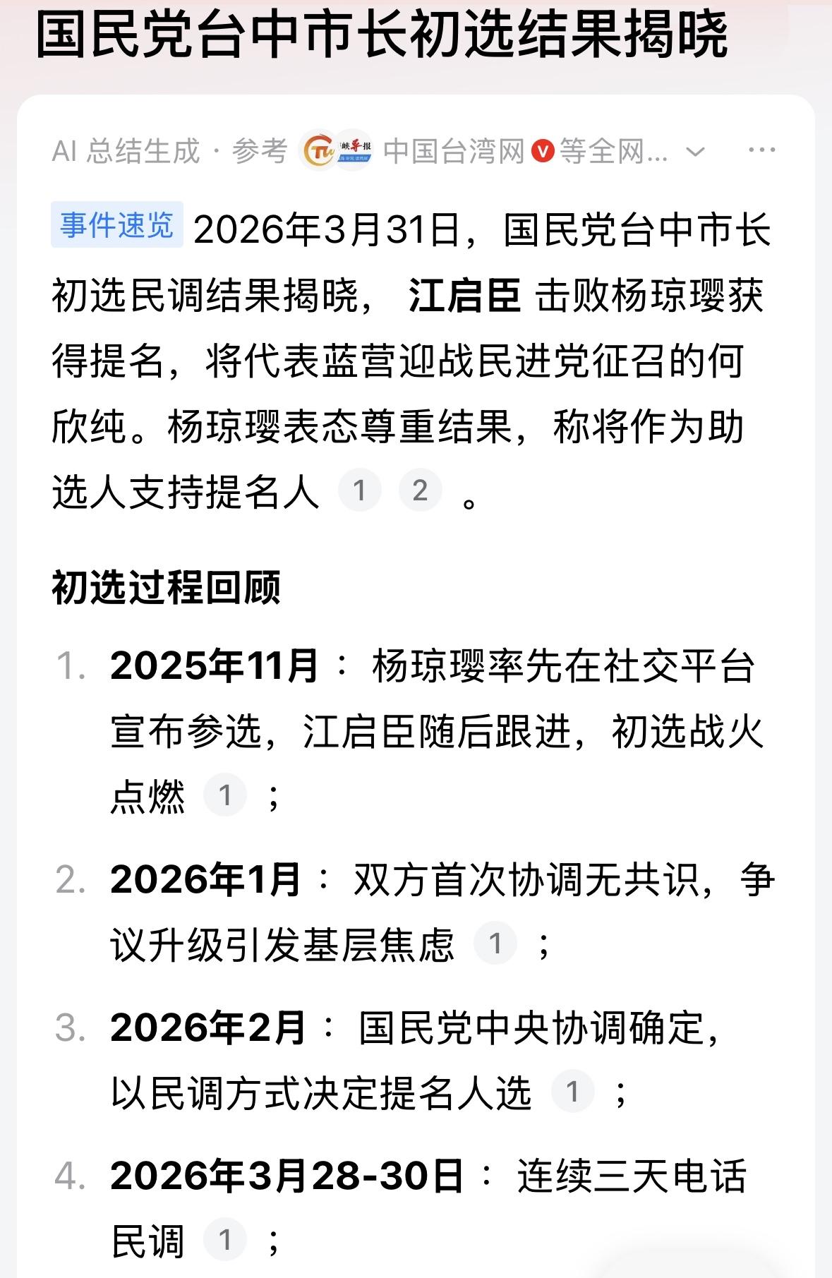 江启臣胜出，将作为国民党参选人竞争台中市市长。十拿九稳！