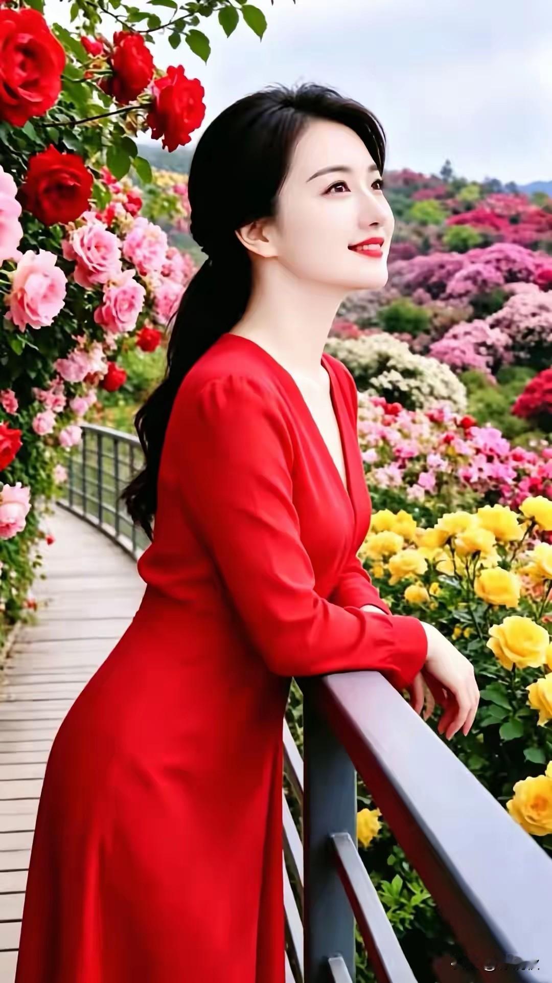 晴空万里清风爽，
花海千顷飘芬芳。
佳丽欣然赏美景，
心旷神怡向梦想