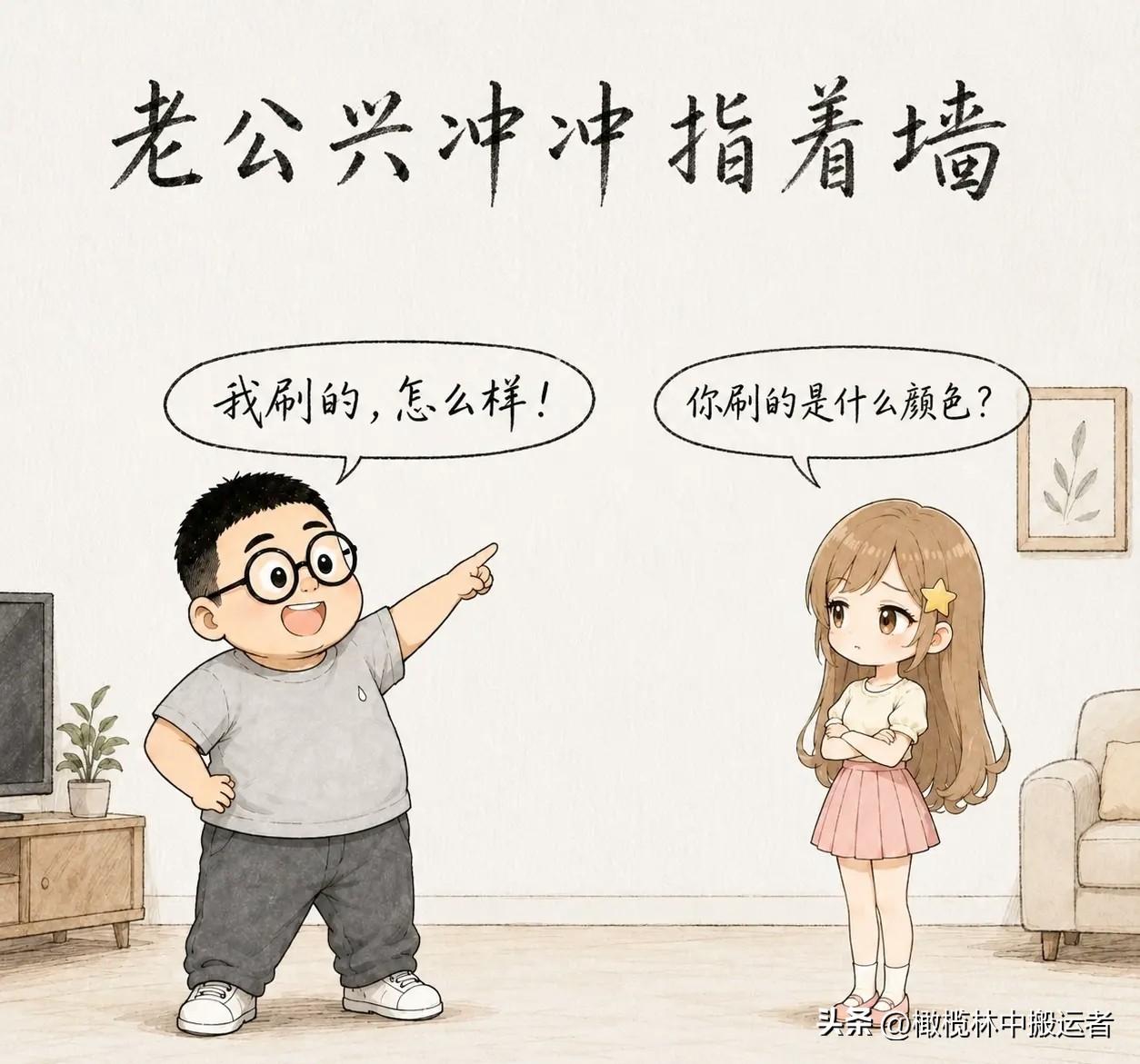 趣味漫画分享：老公兴冲冲指着墙：「我刷的，怎么样！」老婆面无表情：「你刷的是什么