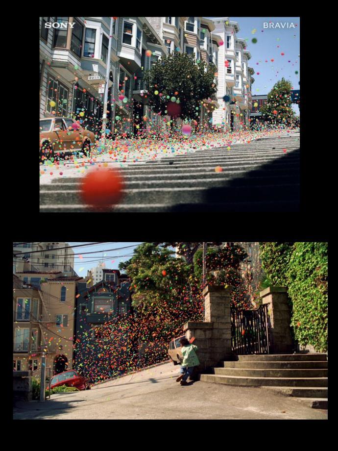 索尼于2005年推出的电视广告《Balls》广告通过 25 万颗彩色小弹力球从陡