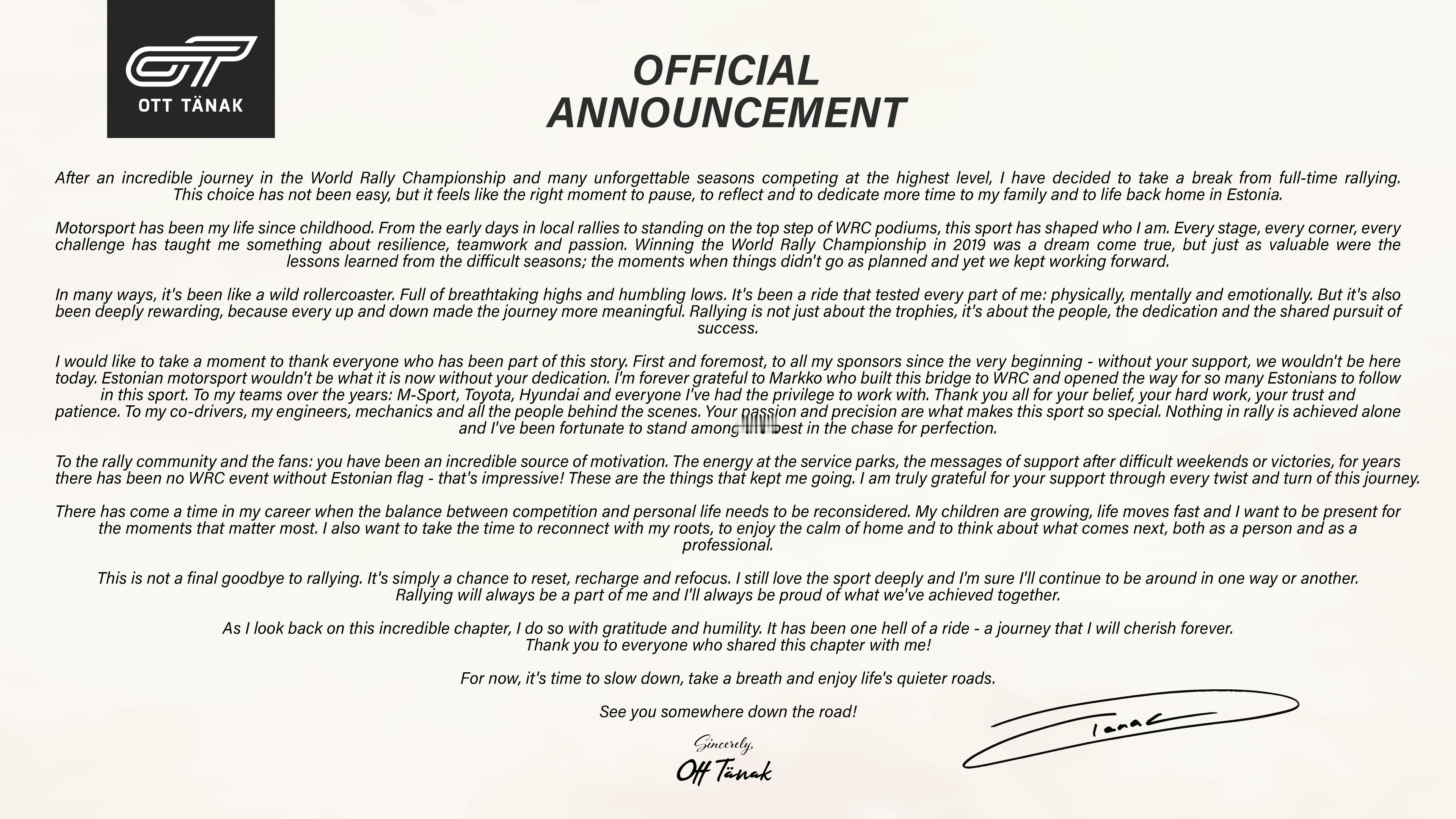 2019年WRC世界拉力锦标赛车手总冠军奥特·塔纳克宣布暂时离开全职拉力赛！WR