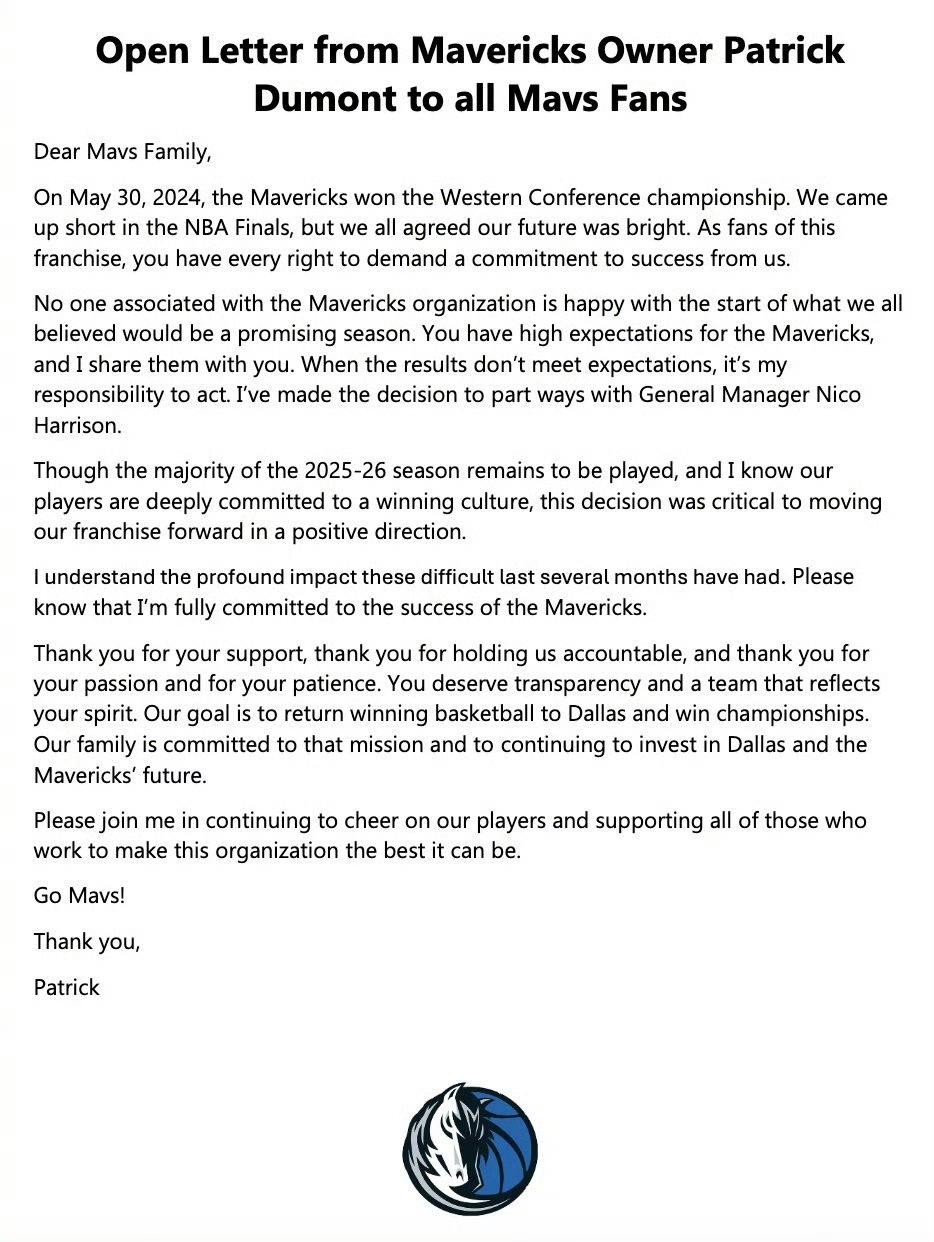 独行侠队老板帕特里克·杜兰特致全体独行侠球迷的公开信
亲爱的独行侠大家庭：
20